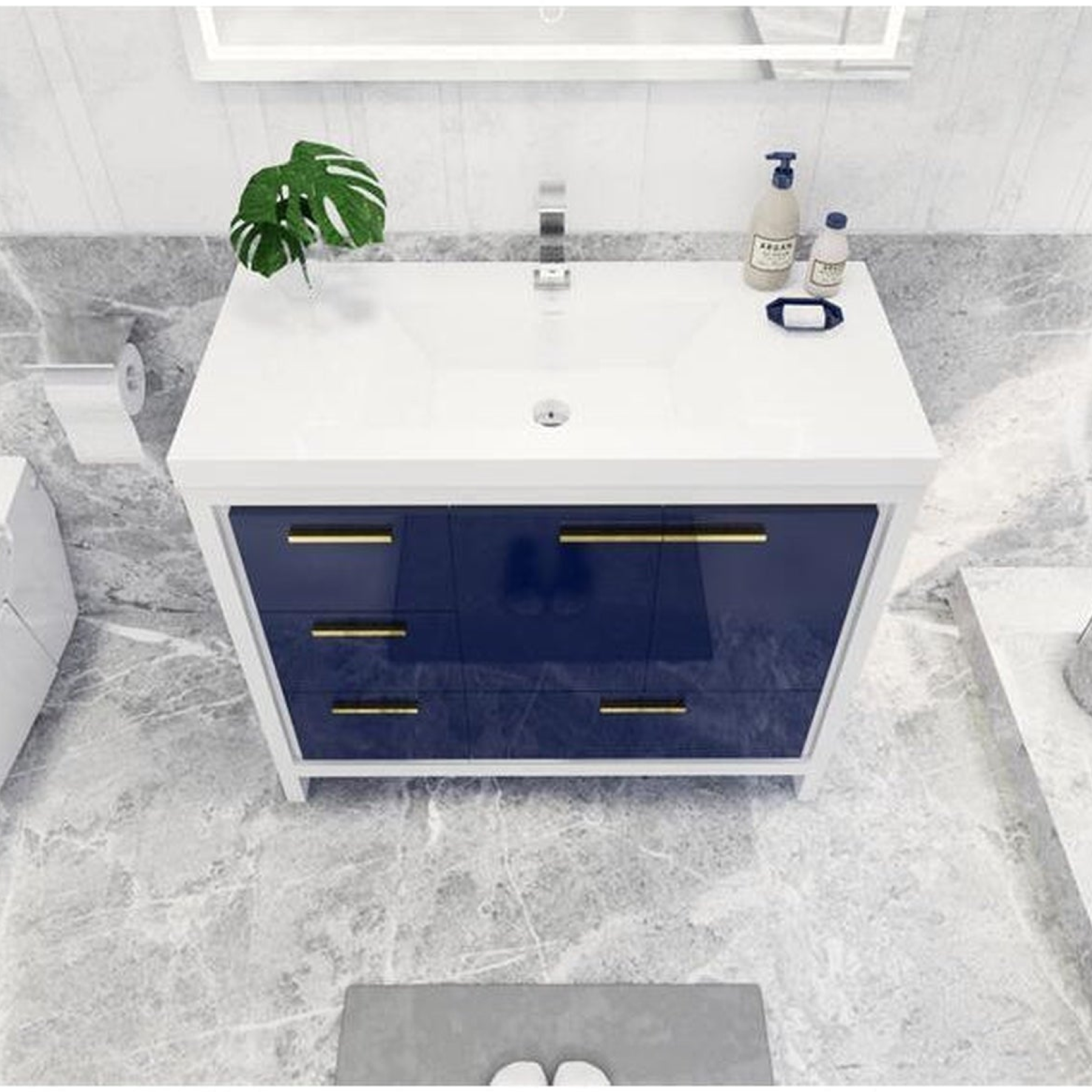 Amara 42" High Gloss Night Blue Freestanding Vanity With Left Side Drawers and Single Reinforced White Acrylic Sink
