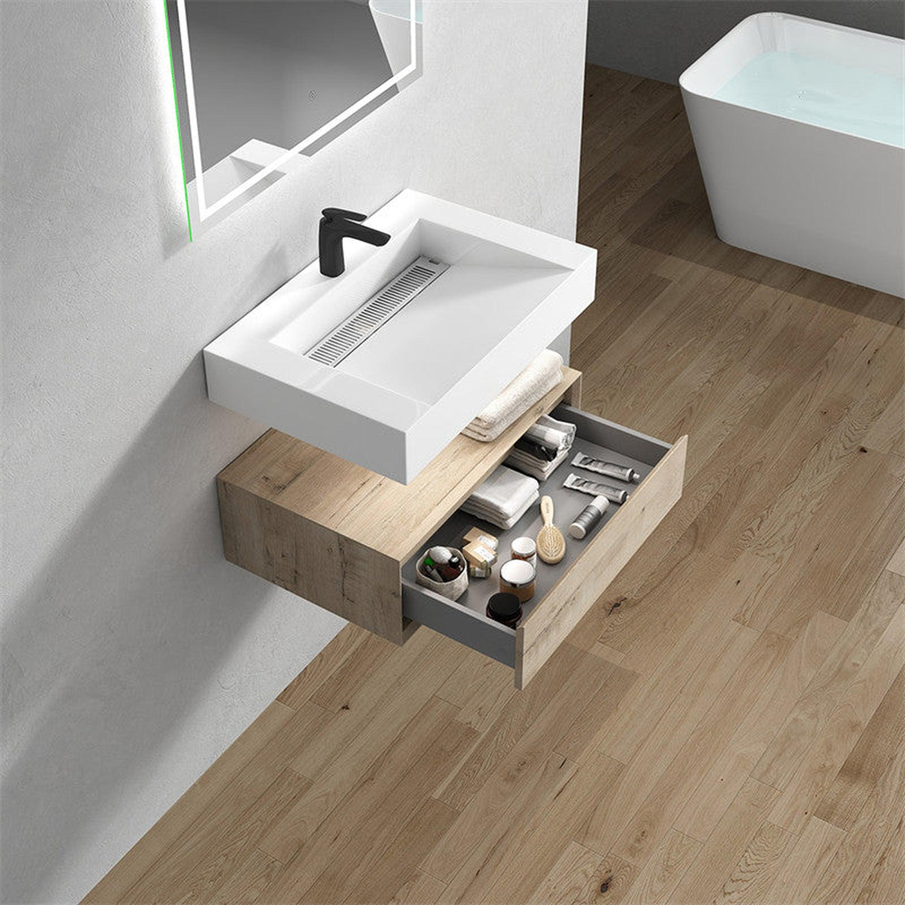 Aria 30" Light Oak Floating Vanity With Single Reinforced White Acrylic Sink