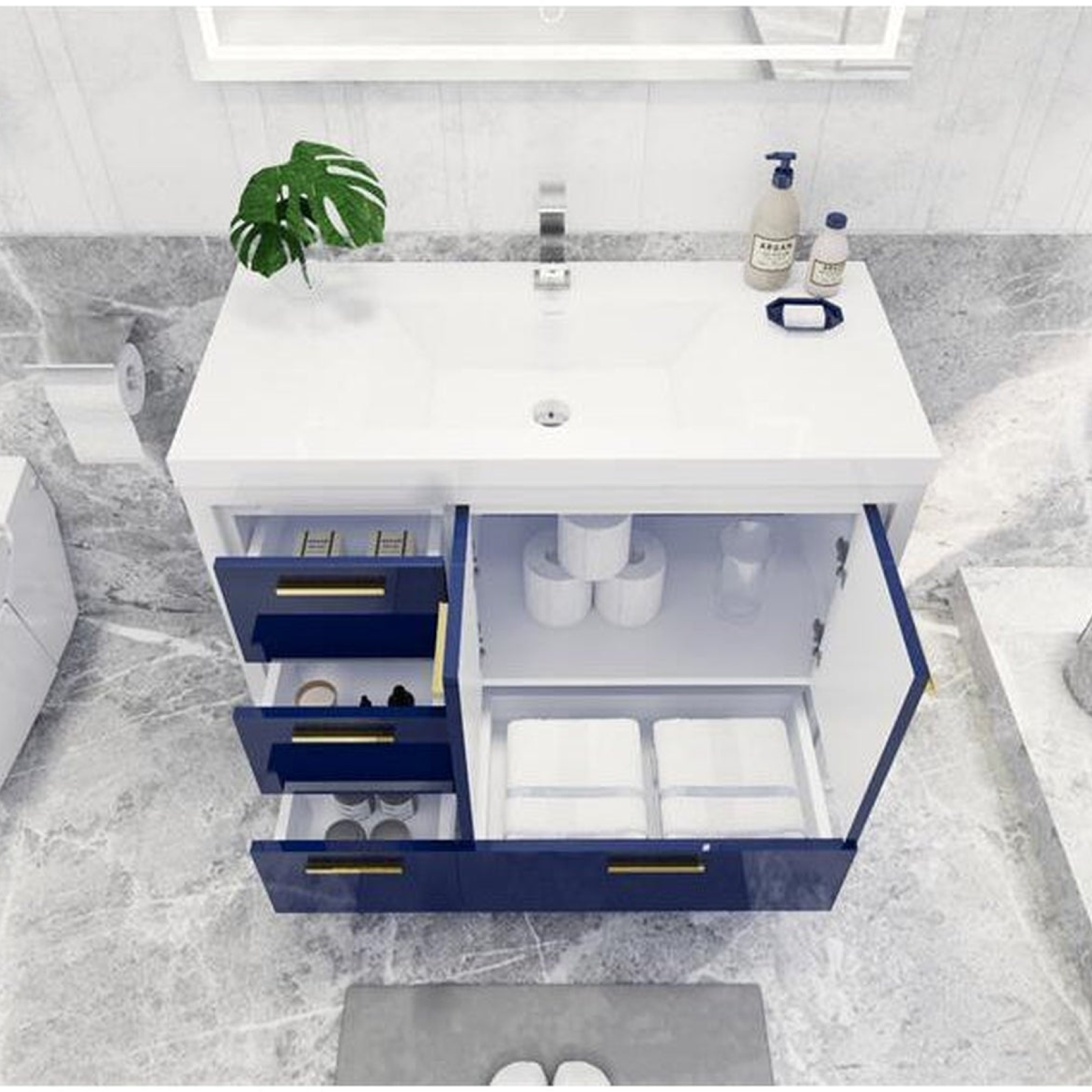 Amara 42" High Gloss Night Blue Freestanding Vanity With Left Side Drawers and Single Reinforced White Acrylic Sink