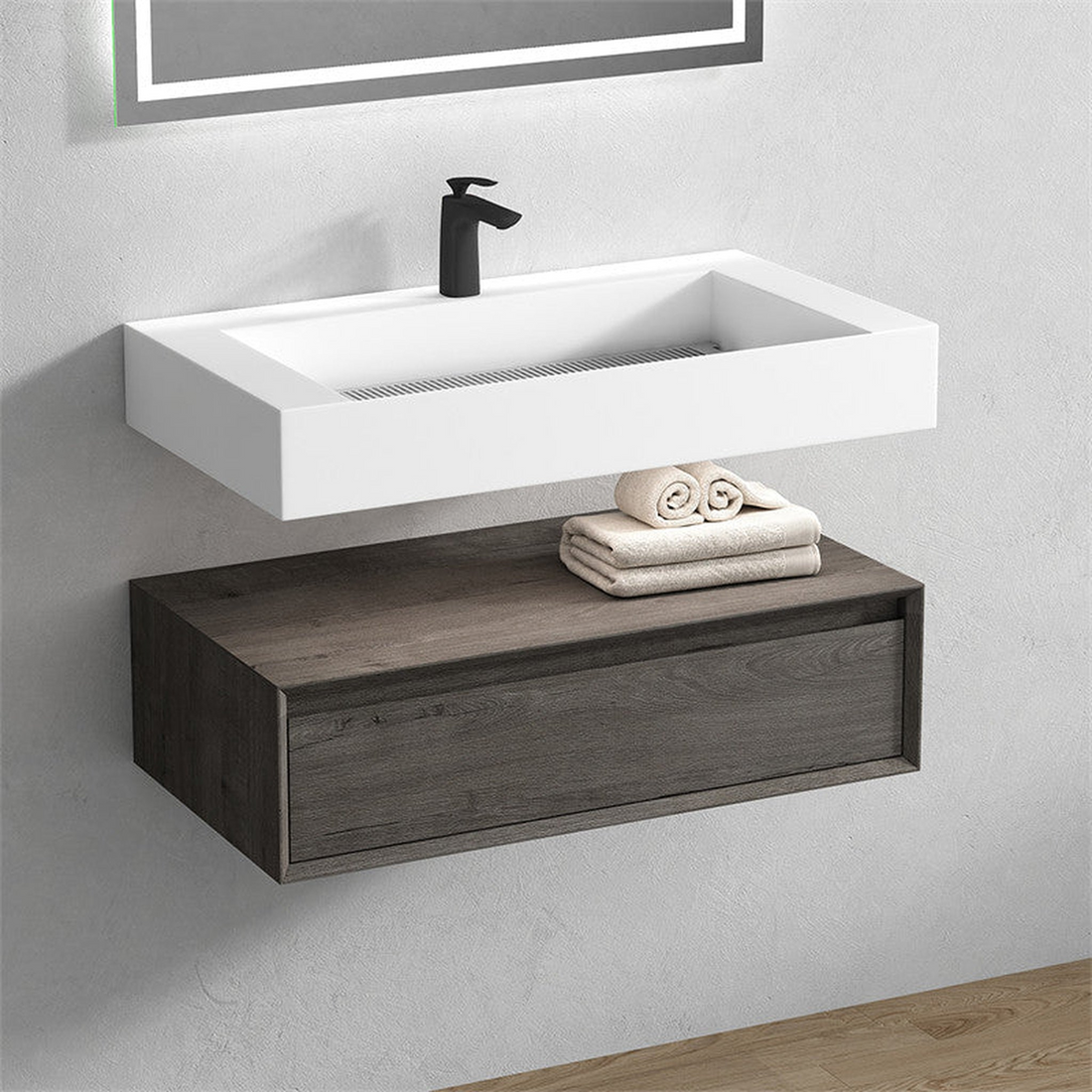 Aria 36" Smoke Oak Floating Vanity With Single Reinforced White Acrylic Sink