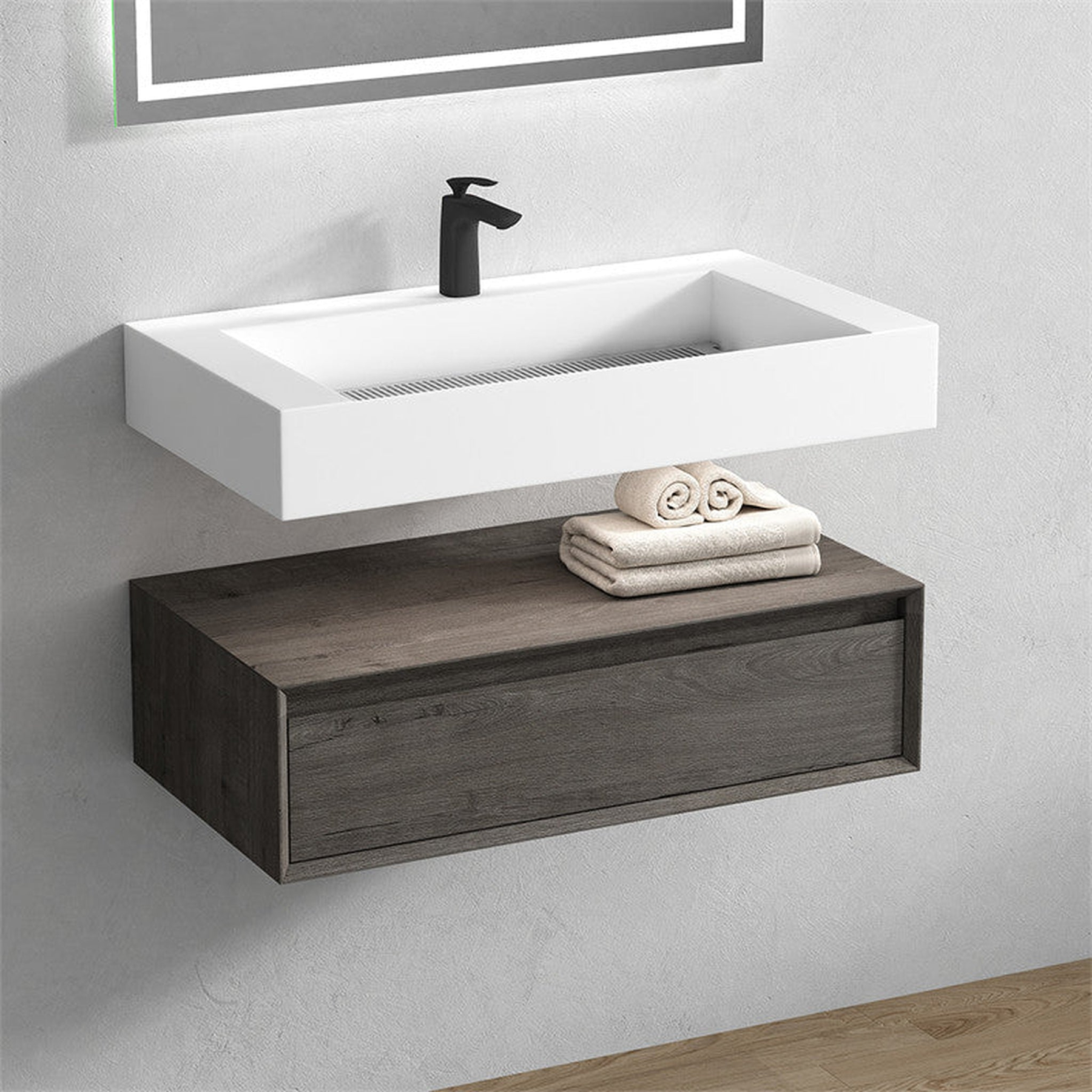 Aria 36" Smoke Oak Floating Vanity With Single Reinforced White Acrylic Sink