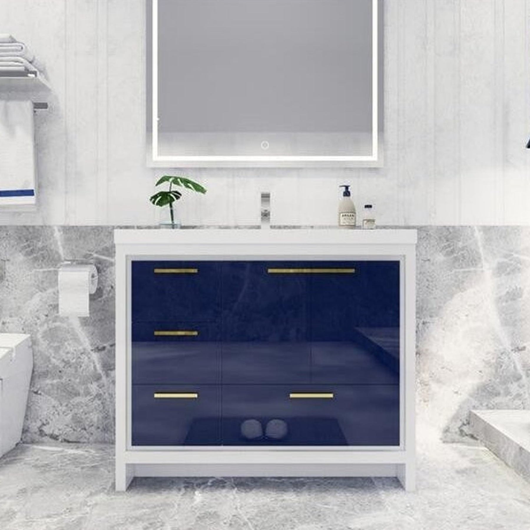Amara 42" High Gloss Night Blue Freestanding Vanity With Left Side Drawers and Single Reinforced White Acrylic Sink