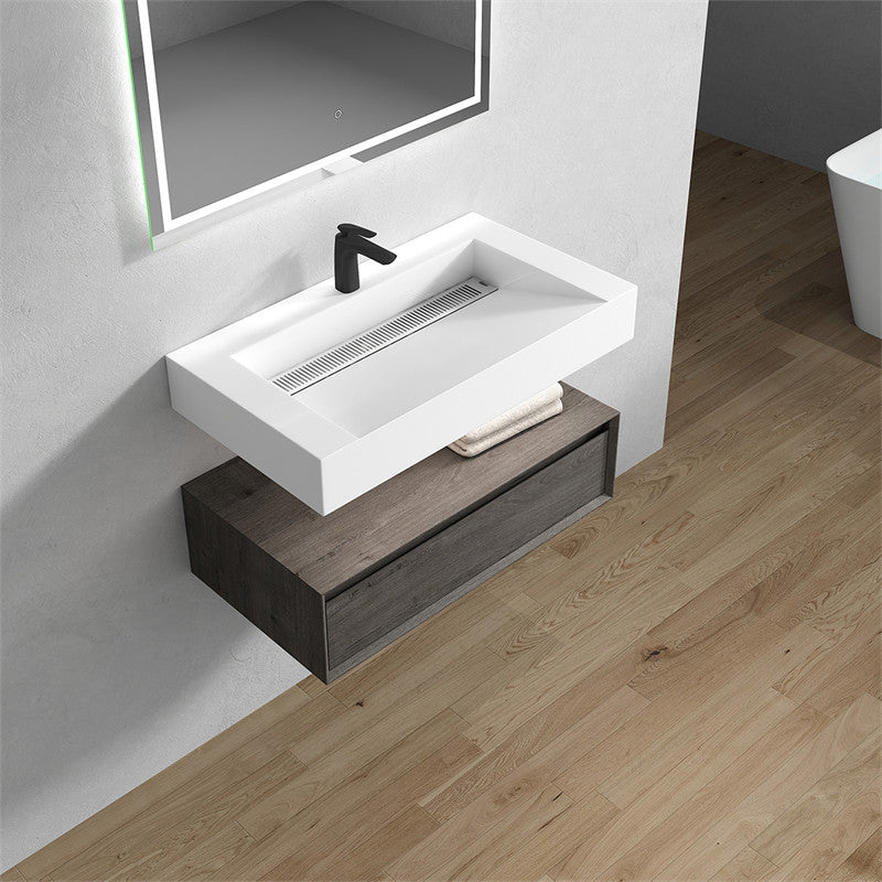 Aria 36" Smoke Oak Floating Vanity With Single Reinforced White Acrylic Sink