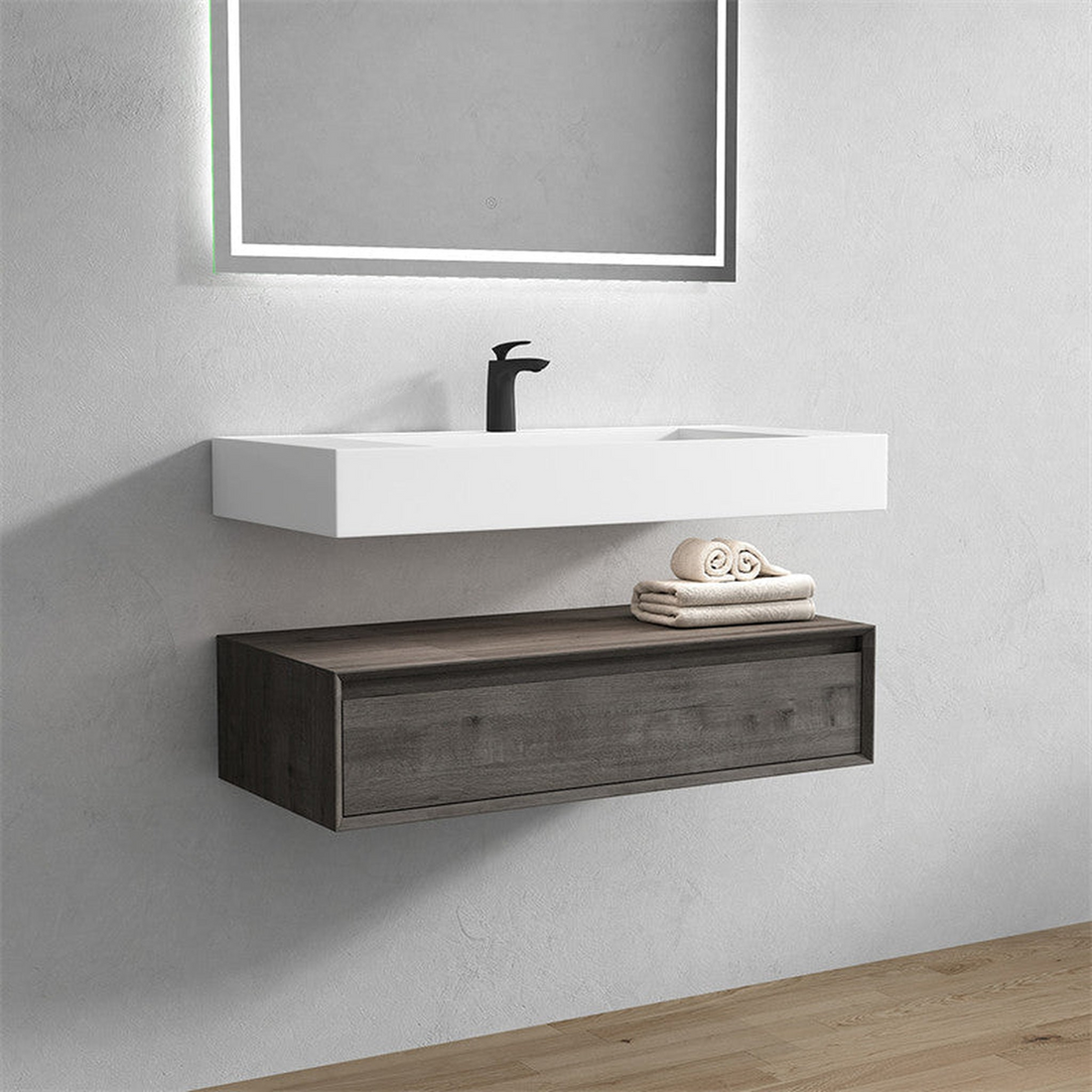 Aria 42" Smoke Oak Floating Vanity With Single Reinforced White Acrylic Sink