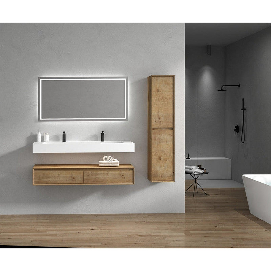 Aria 60" White Oak Floating Vanity With Double Faucet Holes and Reinforced White Acrylic Sink