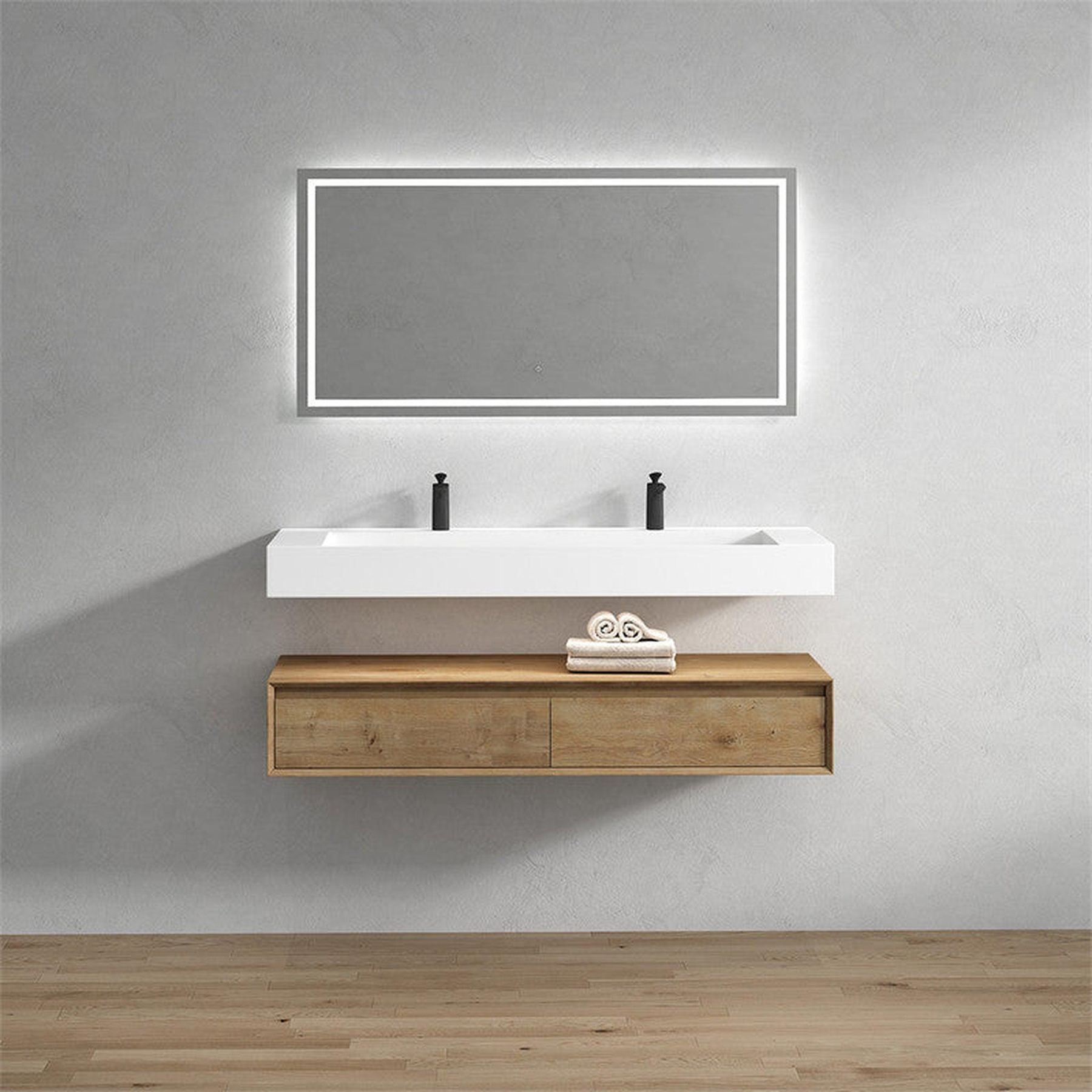 Aria 60" White Oak Floating Vanity With Double Faucet Holes and Reinforced White Acrylic Sink