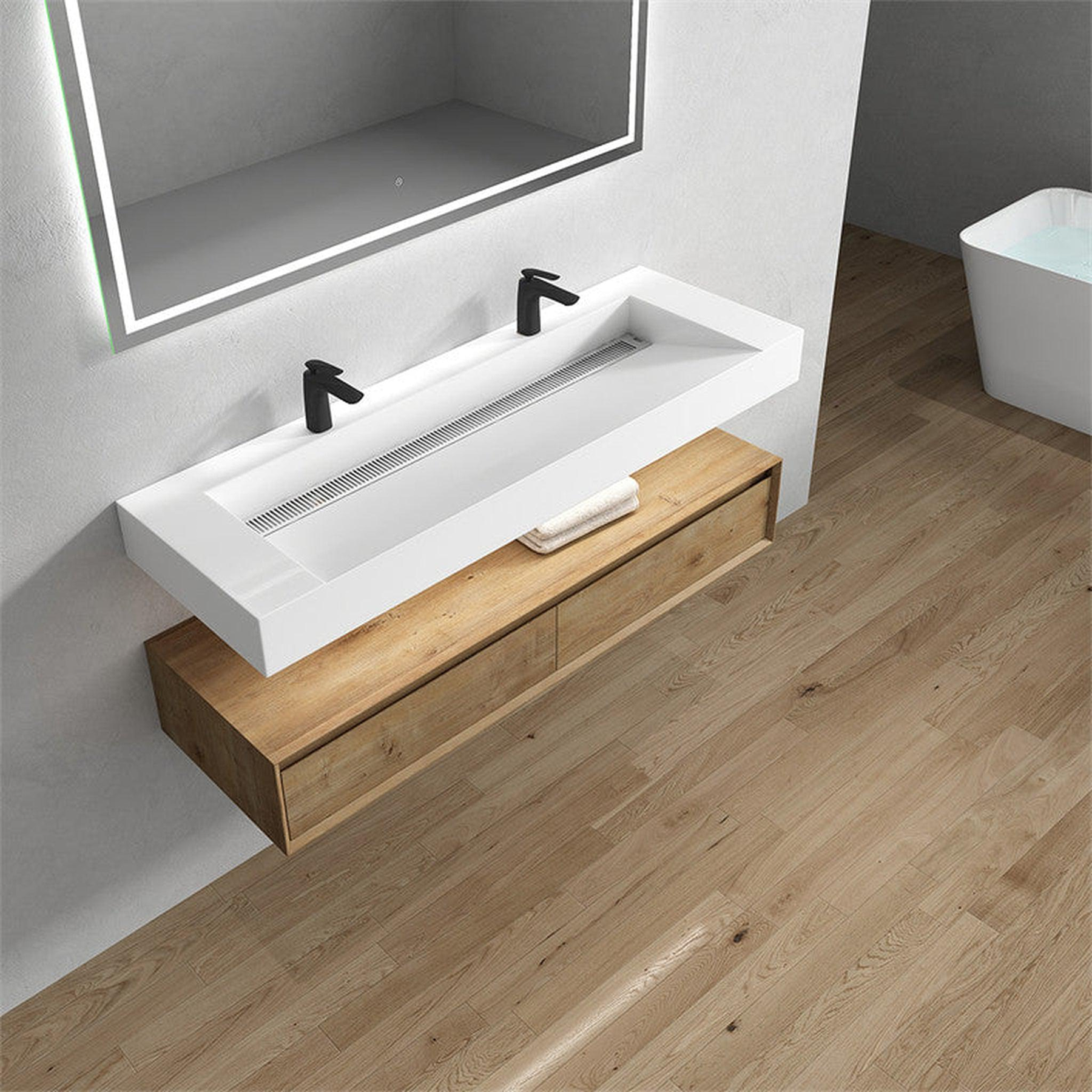 Aria 60" White Oak Floating Vanity With Double Faucet Holes and Reinforced White Acrylic Sink