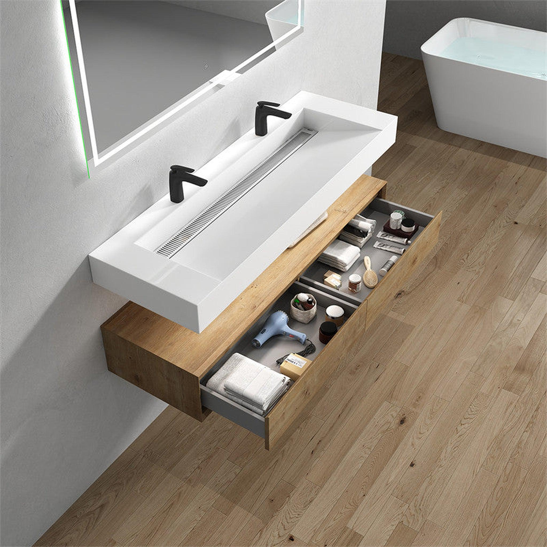 Aria 60" White Oak Floating Vanity With Double Faucet Holes and Reinforced White Acrylic Sink