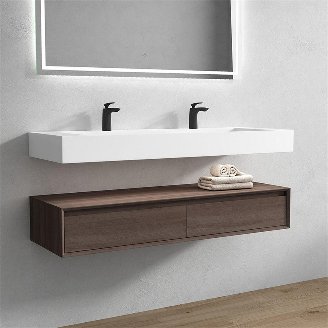 Aria 60" Red Oak Floating Vanity With Double Faucet Holes and Reinforced White Acrylic Sink