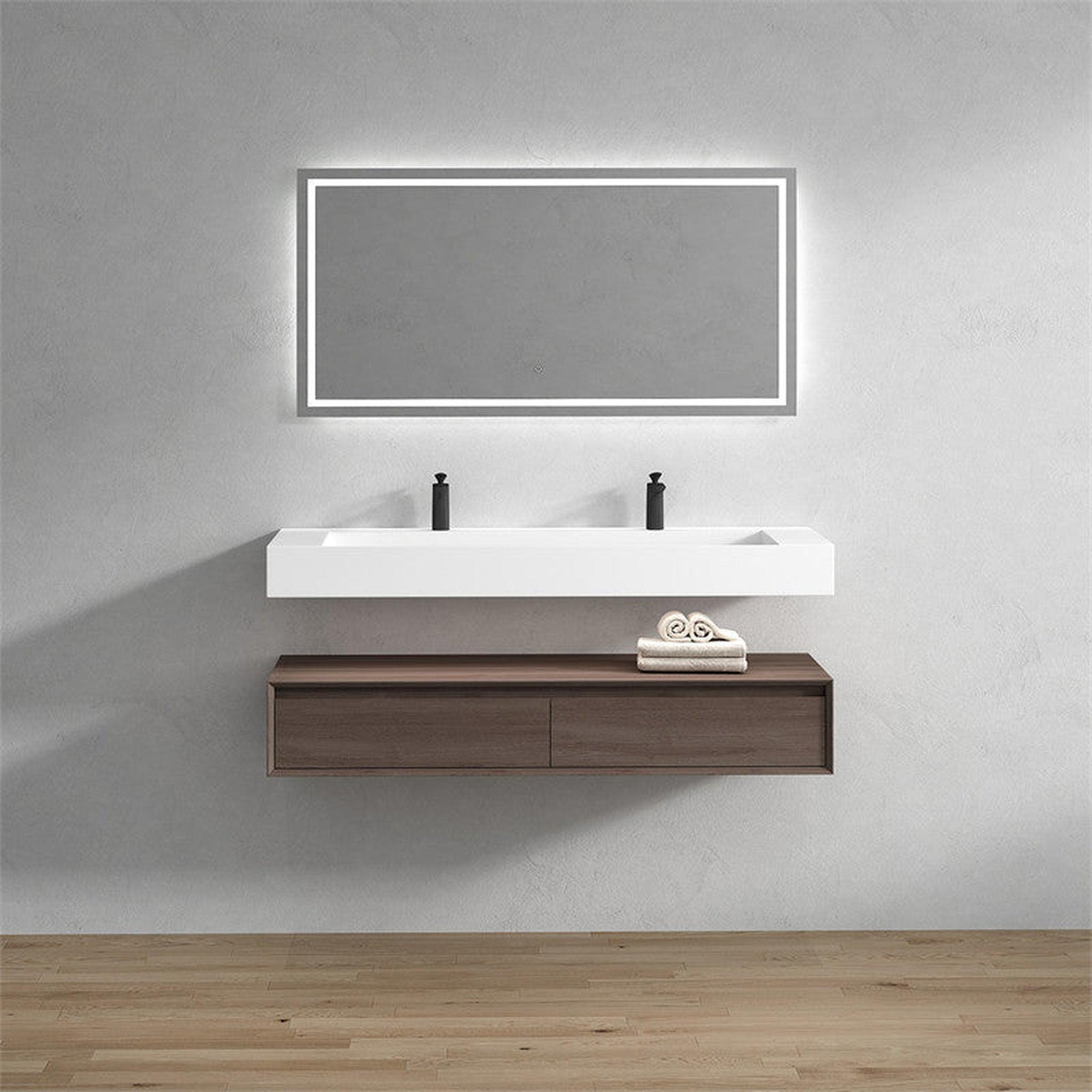 Aria 60" Red Oak Floating Vanity With Double Faucet Holes and Reinforced White Acrylic Sink