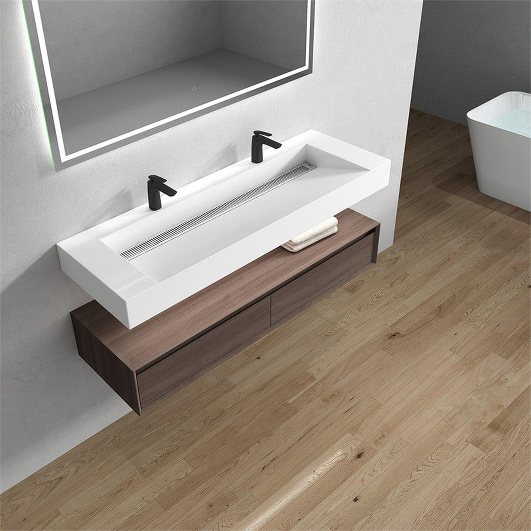 Aria 60" Red Oak Floating Vanity With Double Faucet Holes and Reinforced White Acrylic Sink