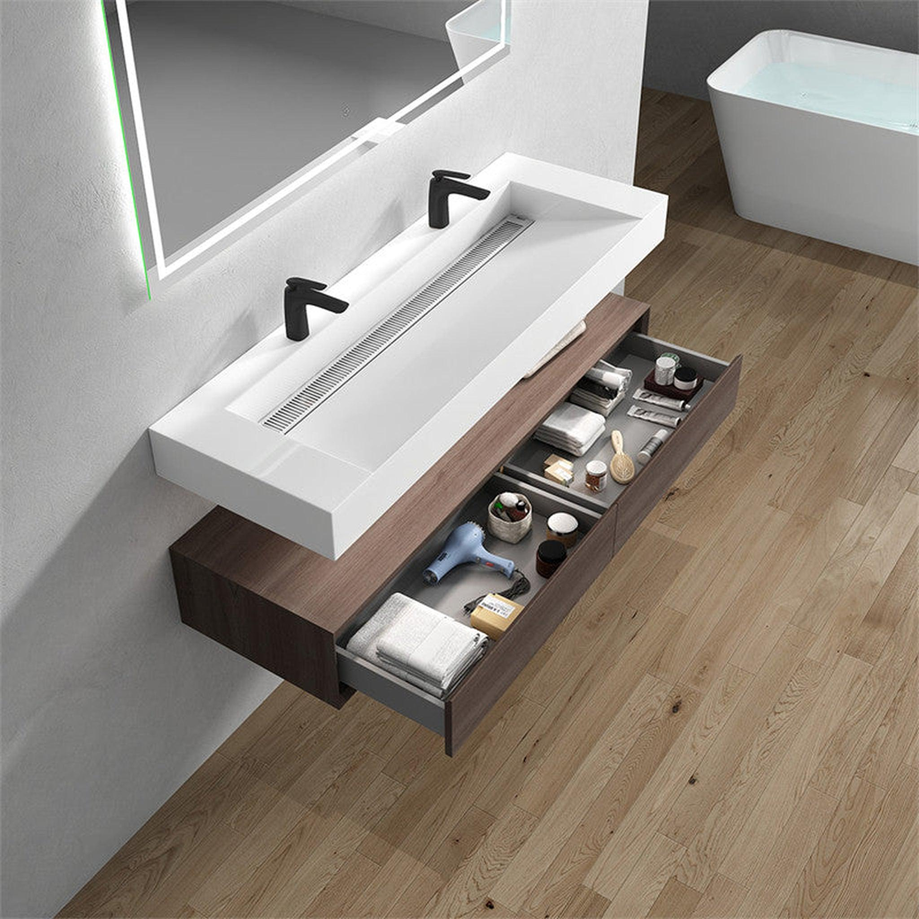 Aria 60" Red Oak Floating Vanity With Double Faucet Holes and Reinforced White Acrylic Sink