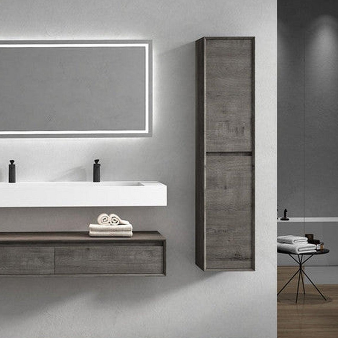 Aria 60" Smoke Oak Floating Vanity With Double Faucet Holes and Reinforced White Acrylic Sink