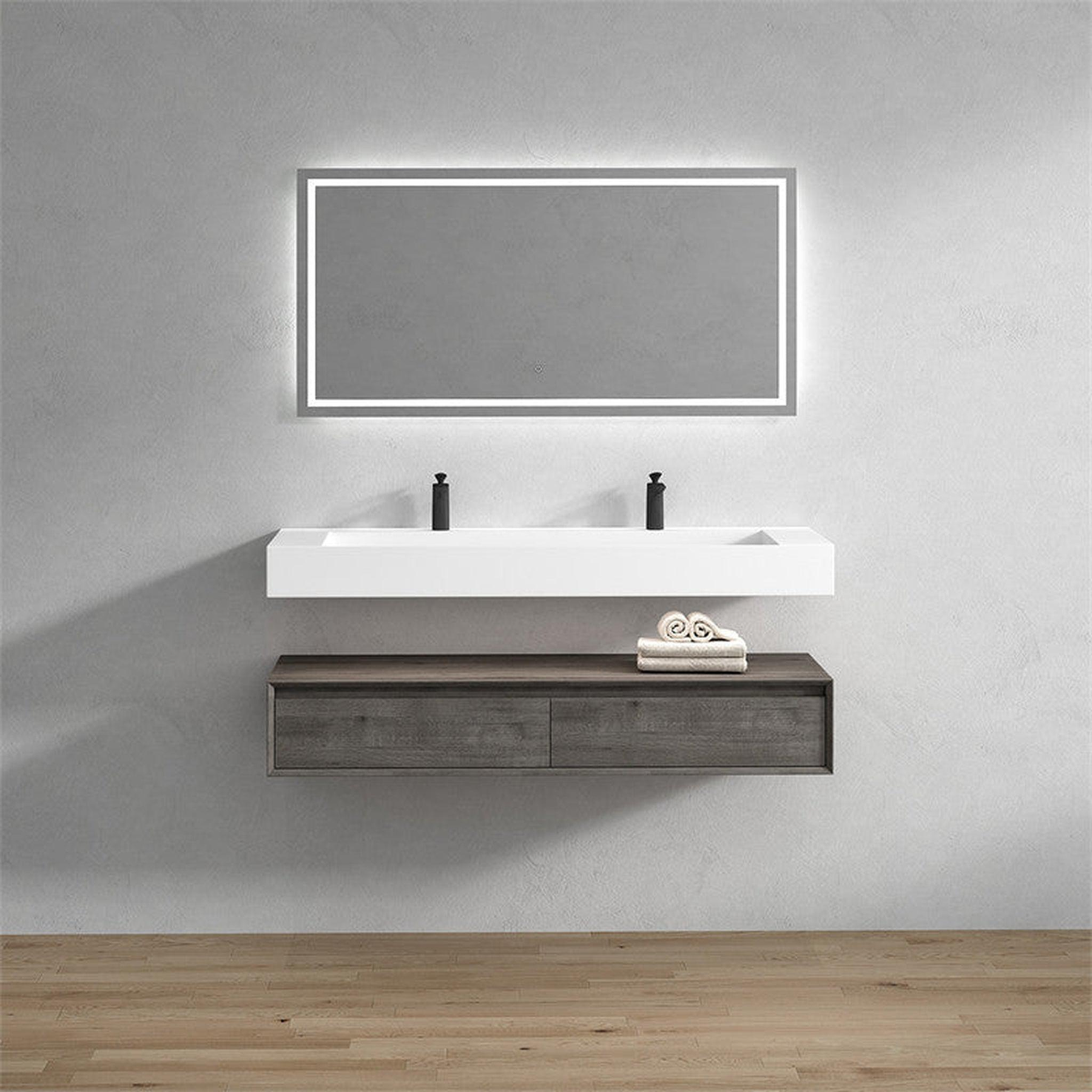 Aria 60" Smoke Oak Floating Vanity With Double Faucet Holes and Reinforced White Acrylic Sink