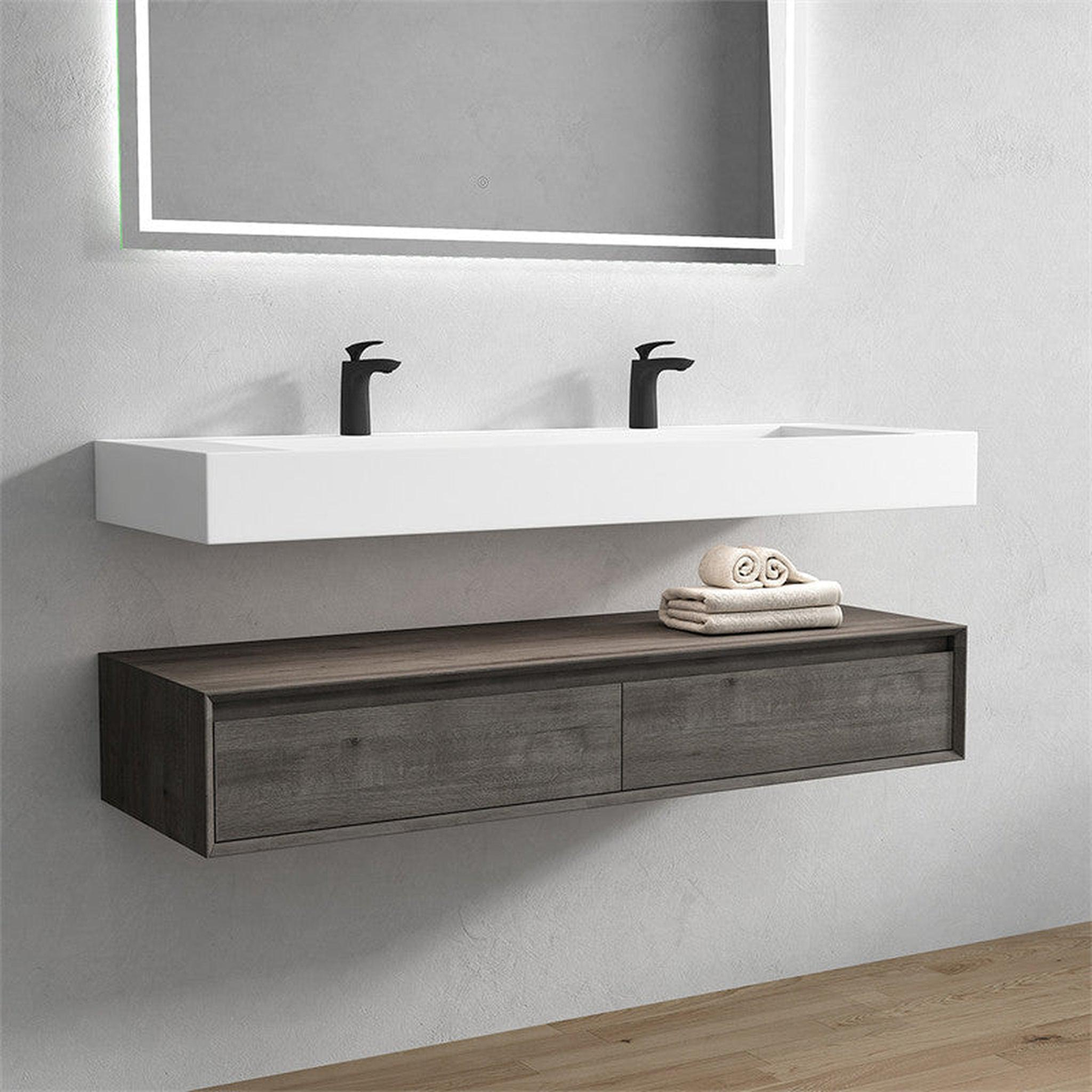 Aria 60" Smoke Oak Floating Vanity With Double Faucet Holes and Reinforced White Acrylic Sink