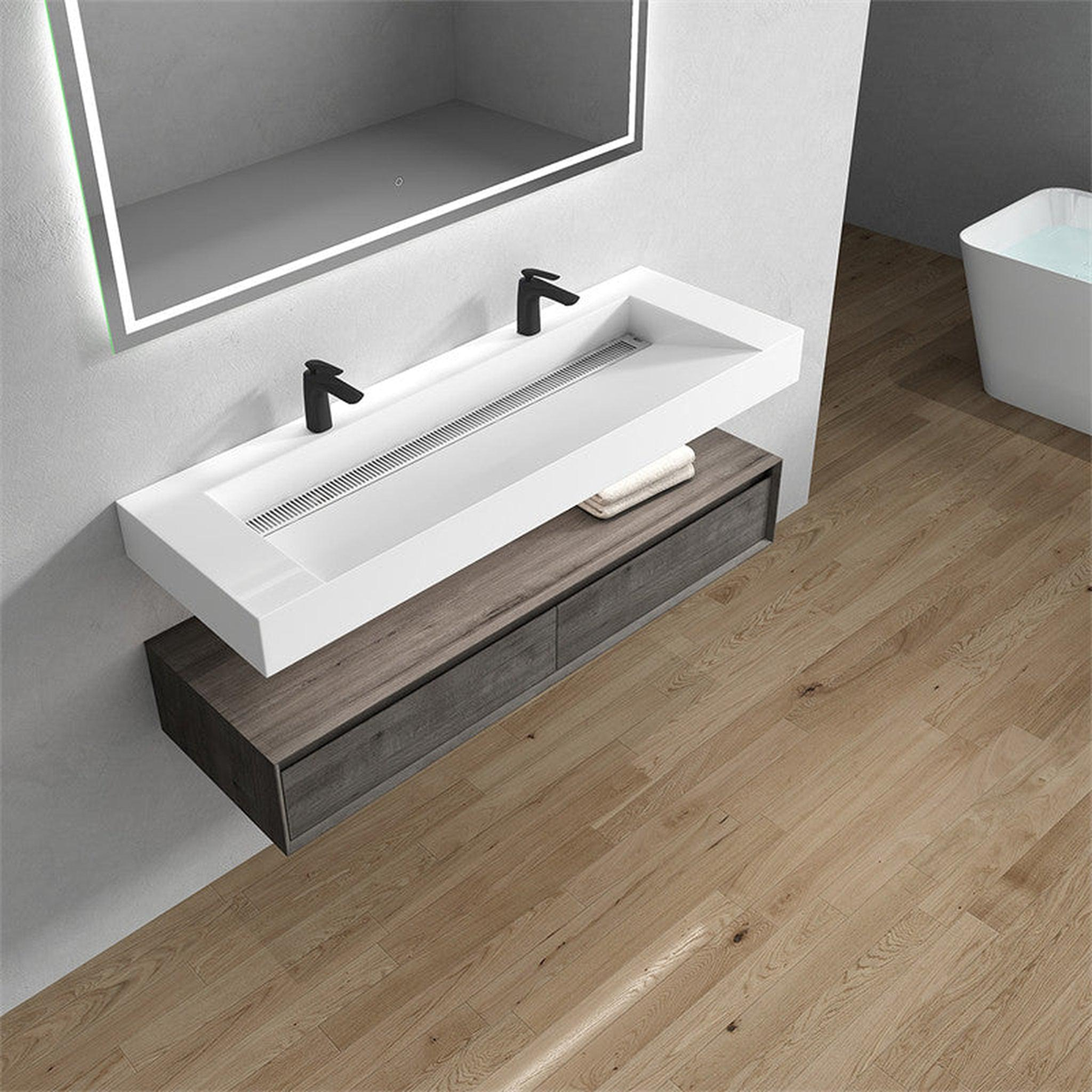 Aria 60" Smoke Oak Floating Vanity With Double Faucet Holes and Reinforced White Acrylic Sink