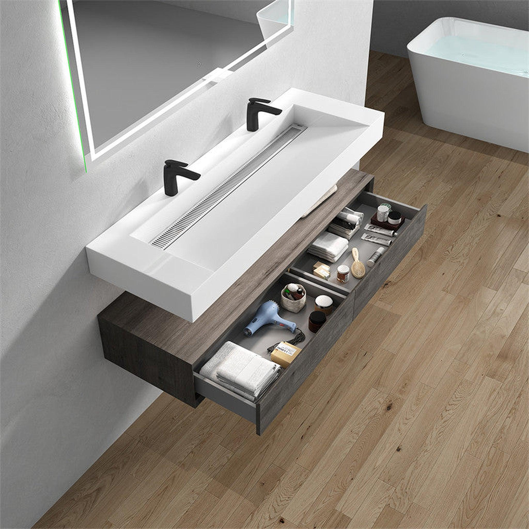 Aria 60" Smoke Oak Floating Vanity With Double Faucet Holes and Reinforced White Acrylic Sink