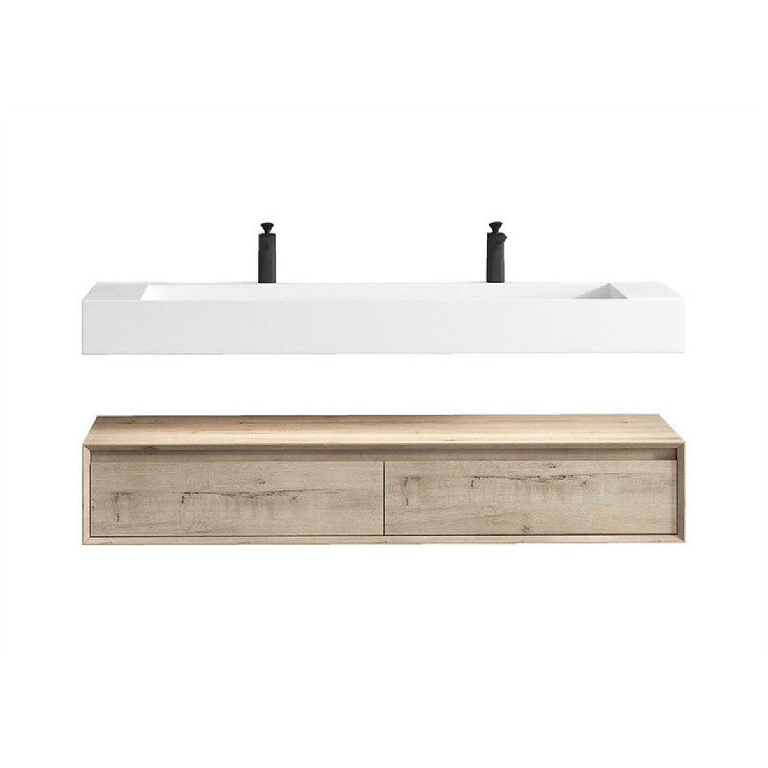 Aria 60" Light Oak Floating Vanity With Double Faucet Holes and Reinforced White Acrylic Sink