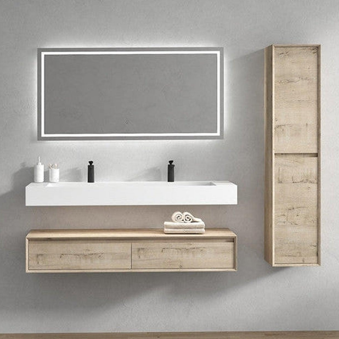 Aria 60" Light Oak Floating Vanity With Double Faucet Holes and Reinforced White Acrylic Sink