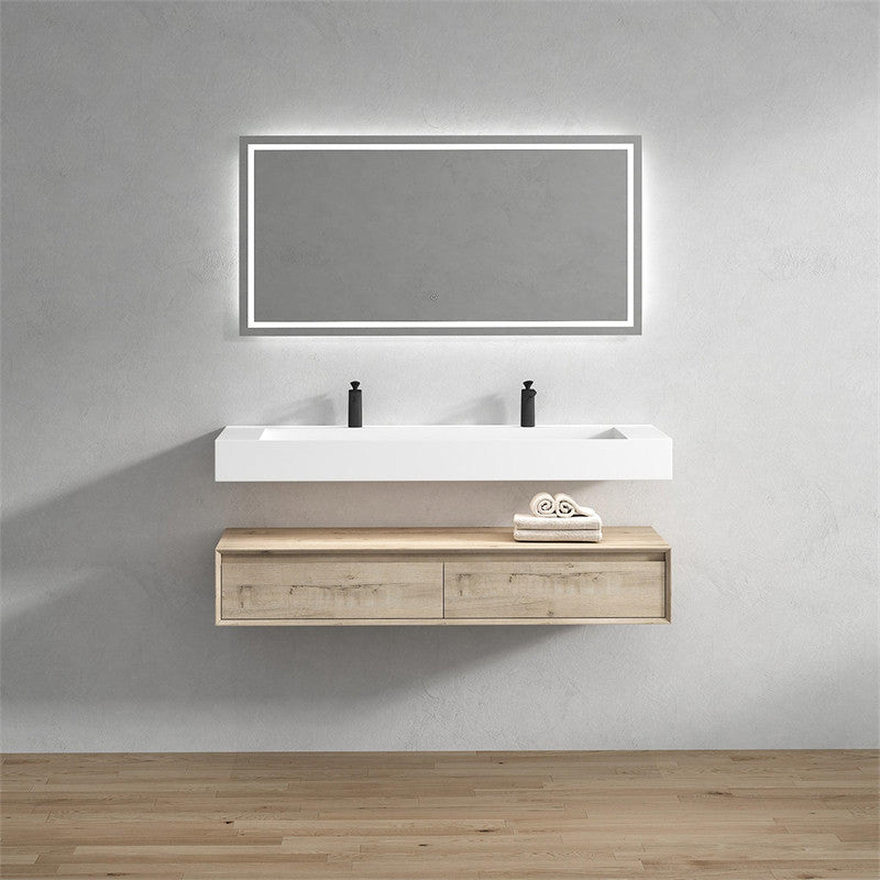 Aria 60" Light Oak Floating Vanity With Double Faucet Holes and Reinforced White Acrylic Sink