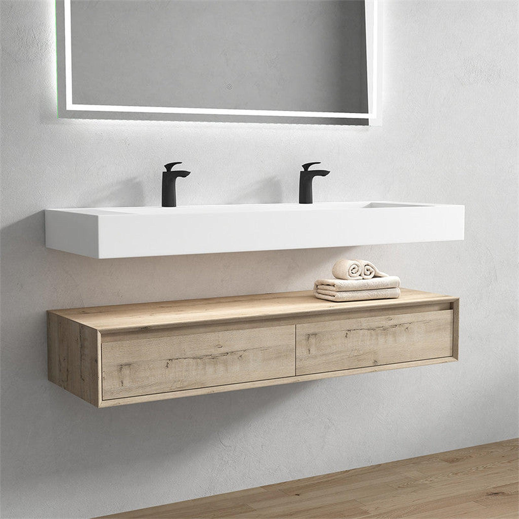 Aria 60" Light Oak Floating Vanity With Double Faucet Holes and Reinforced White Acrylic Sink