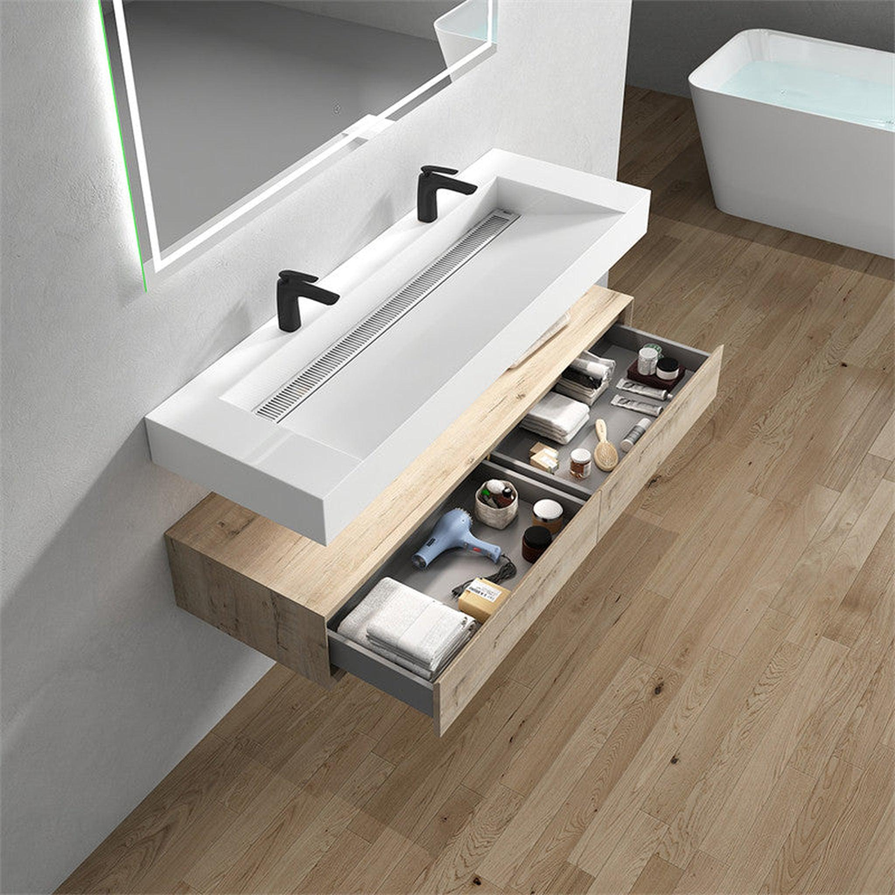 Aria 60" Light Oak Floating Vanity With Double Faucet Holes and Reinforced White Acrylic Sink