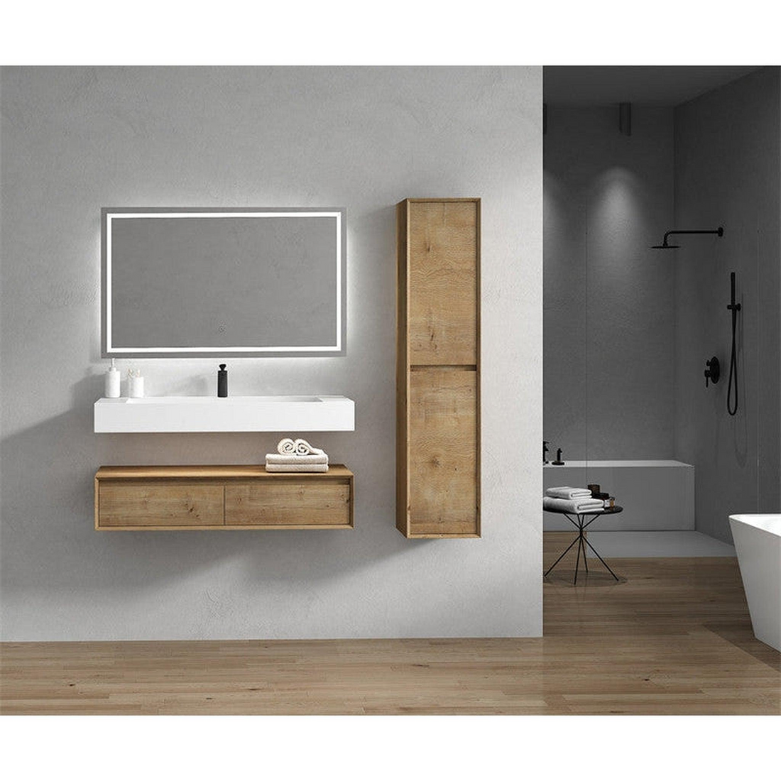 Aria 60" White Oak Floating Vanity With Single Faucet Hole and Reinforced White Acrylic Sink