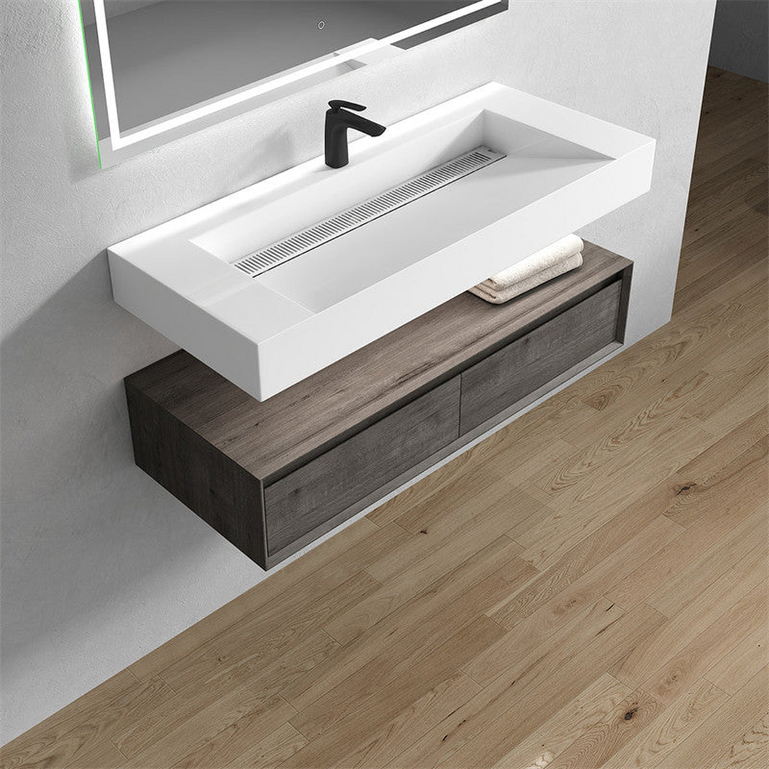 Aria 60" Smoke Oak Floating Vanity With Single Faucet Hole and Reinforced White Acrylic Sink