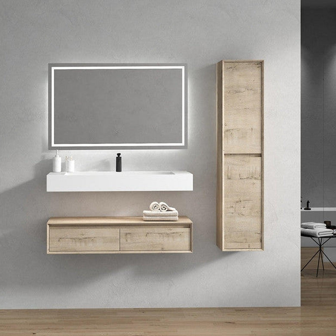 Aria 60" Light Oak Floating Vanity With Single Faucet Hole and Reinforced White Acrylic Sink