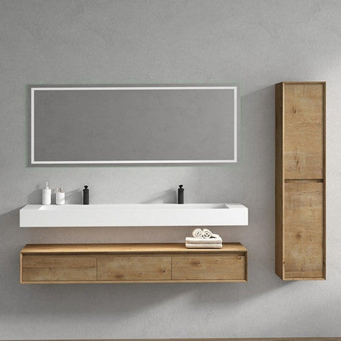 Aria 72" White Oak Floating Vanity With Double Faucet Holes and Reinforced White Acrylic Sink