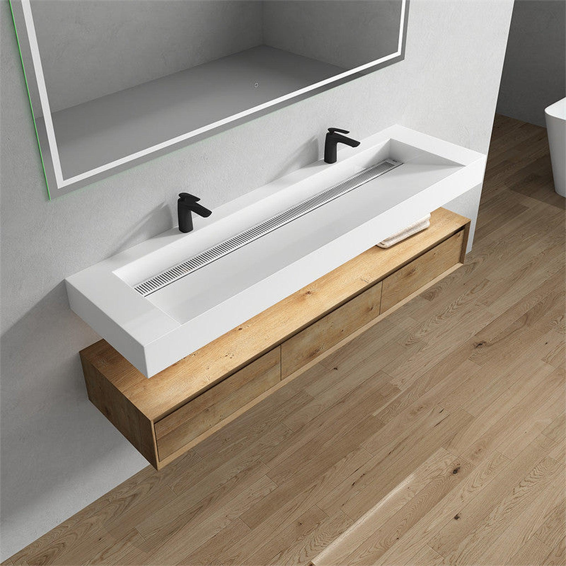 Aria 72" White Oak Floating Vanity With Double Faucet Holes and Reinforced White Acrylic Sink