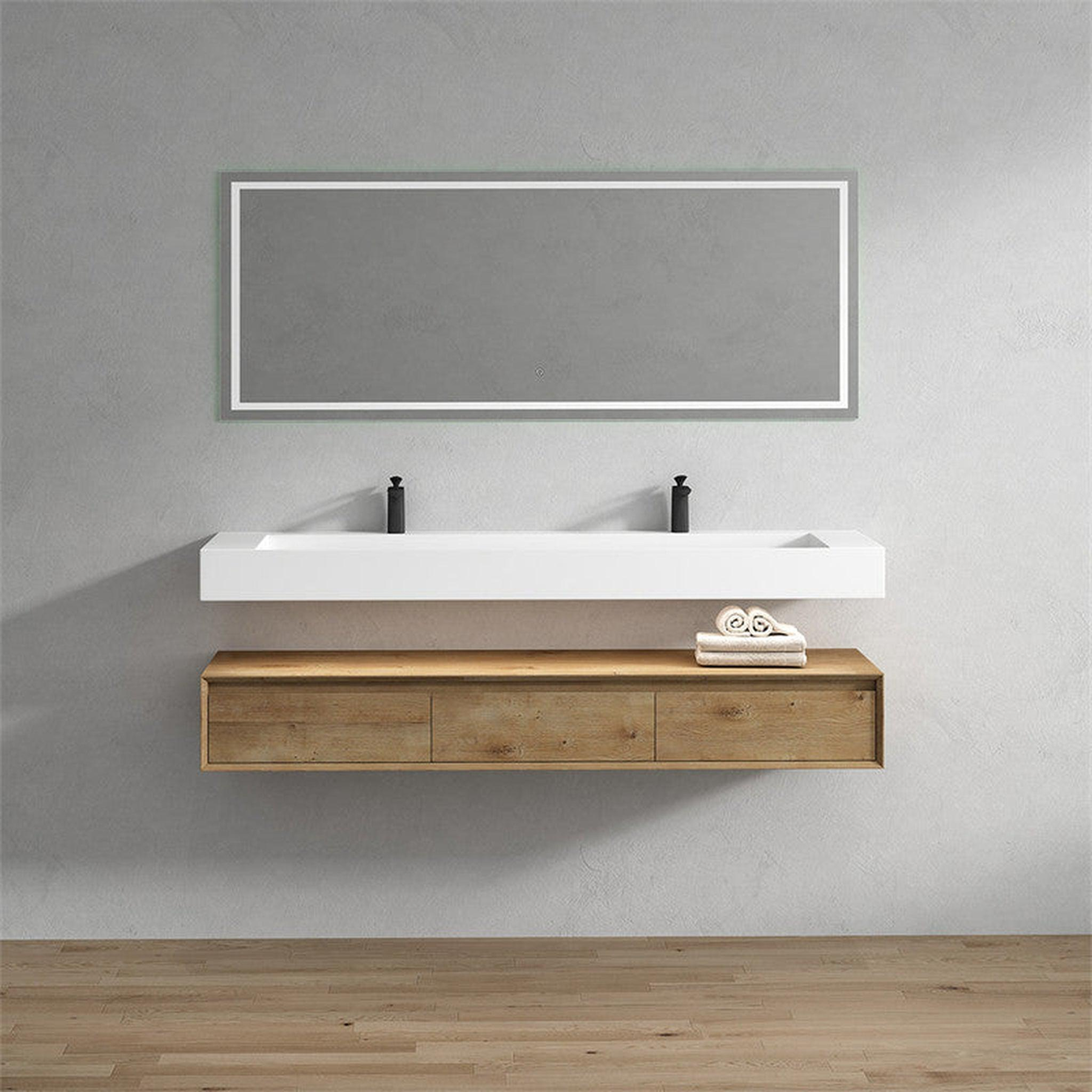 Aria 72" White Oak Floating Vanity With Double Faucet Holes and Reinforced White Acrylic Sink