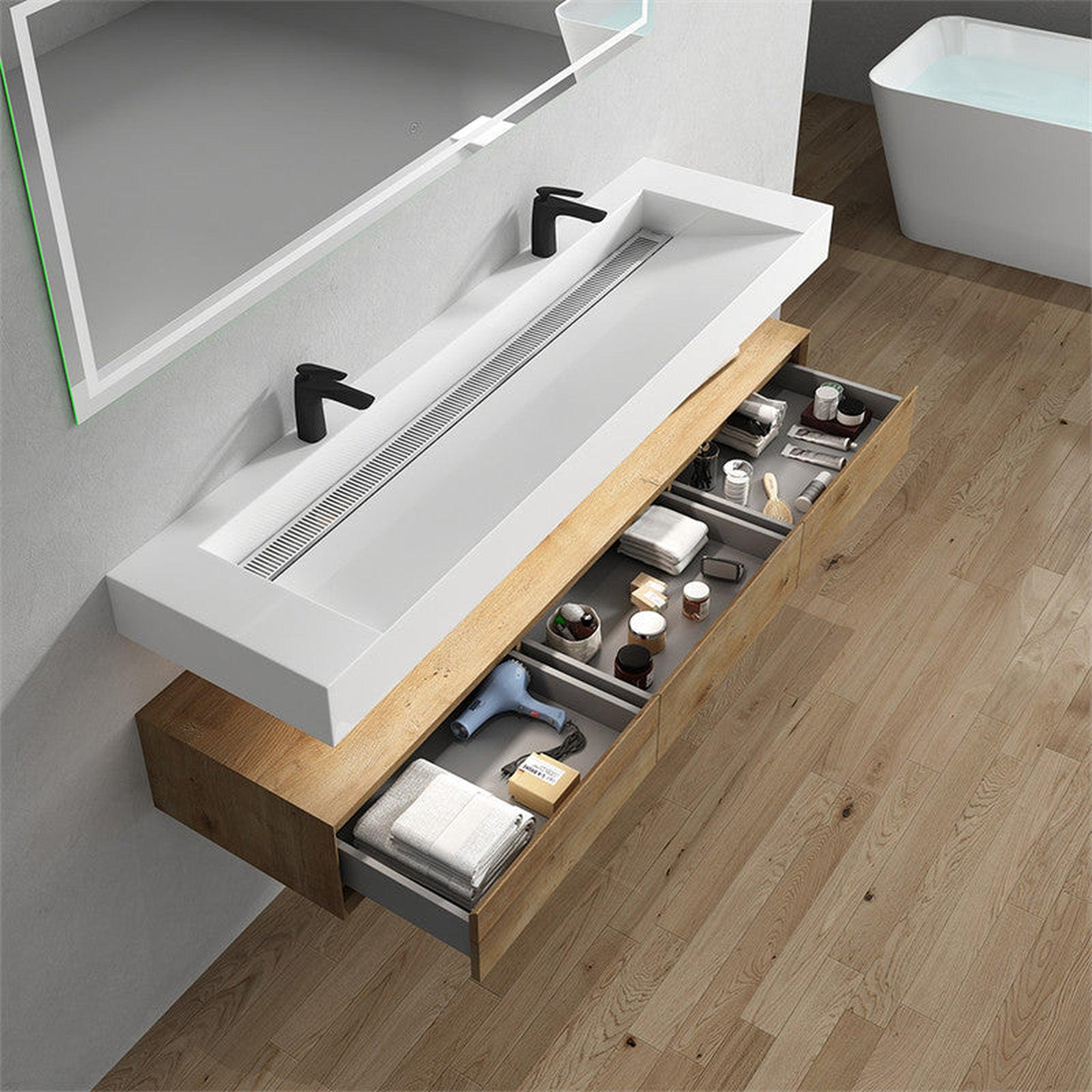 Aria 72" White Oak Floating Vanity With Double Faucet Holes and Reinforced White Acrylic Sink