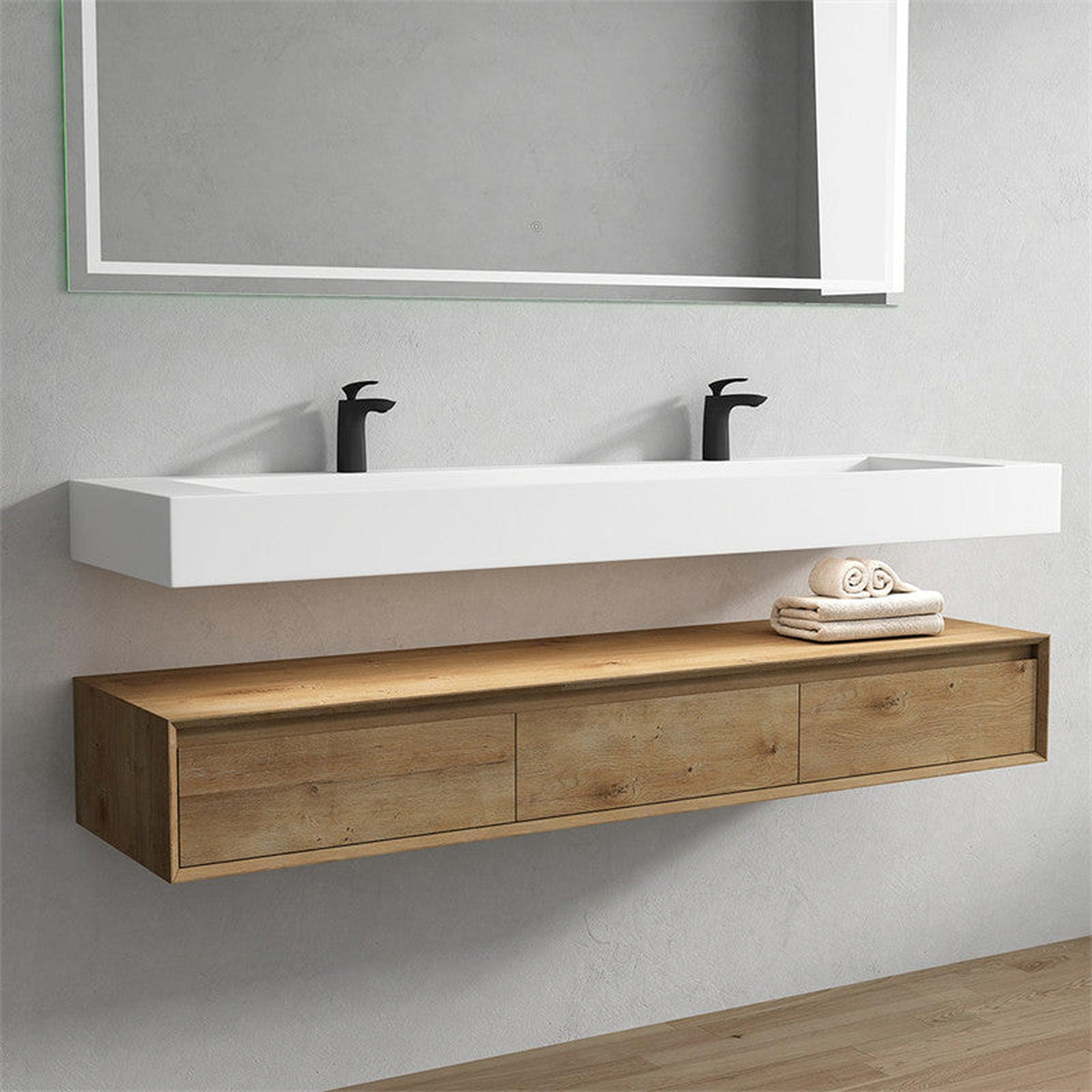 Aria 72" White Oak Floating Vanity With Double Faucet Holes and Reinforced White Acrylic Sink