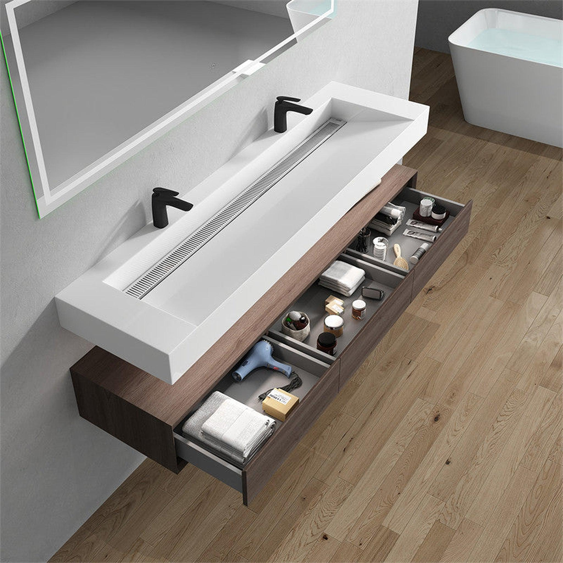 Aria 72" Red Oak Floating Vanity With Double Faucet Holes and Reinforced White Acrylic Sink