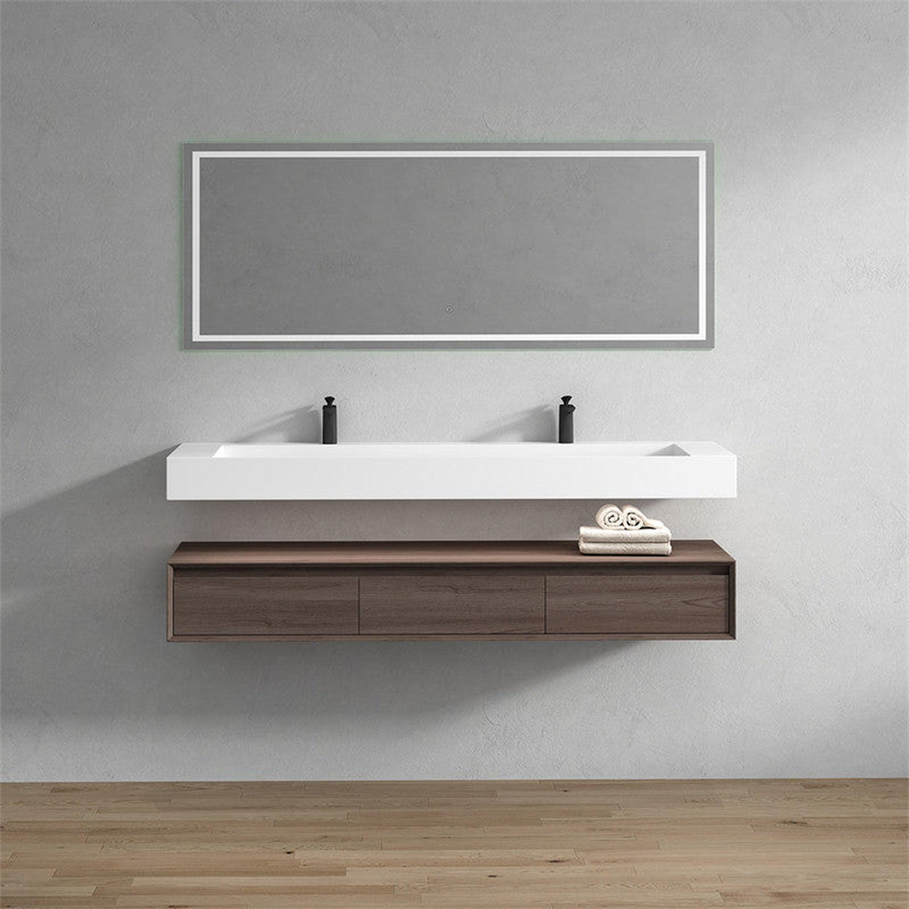 Aria 72" Red Oak Floating Vanity With Double Faucet Holes and Reinforced White Acrylic Sink
