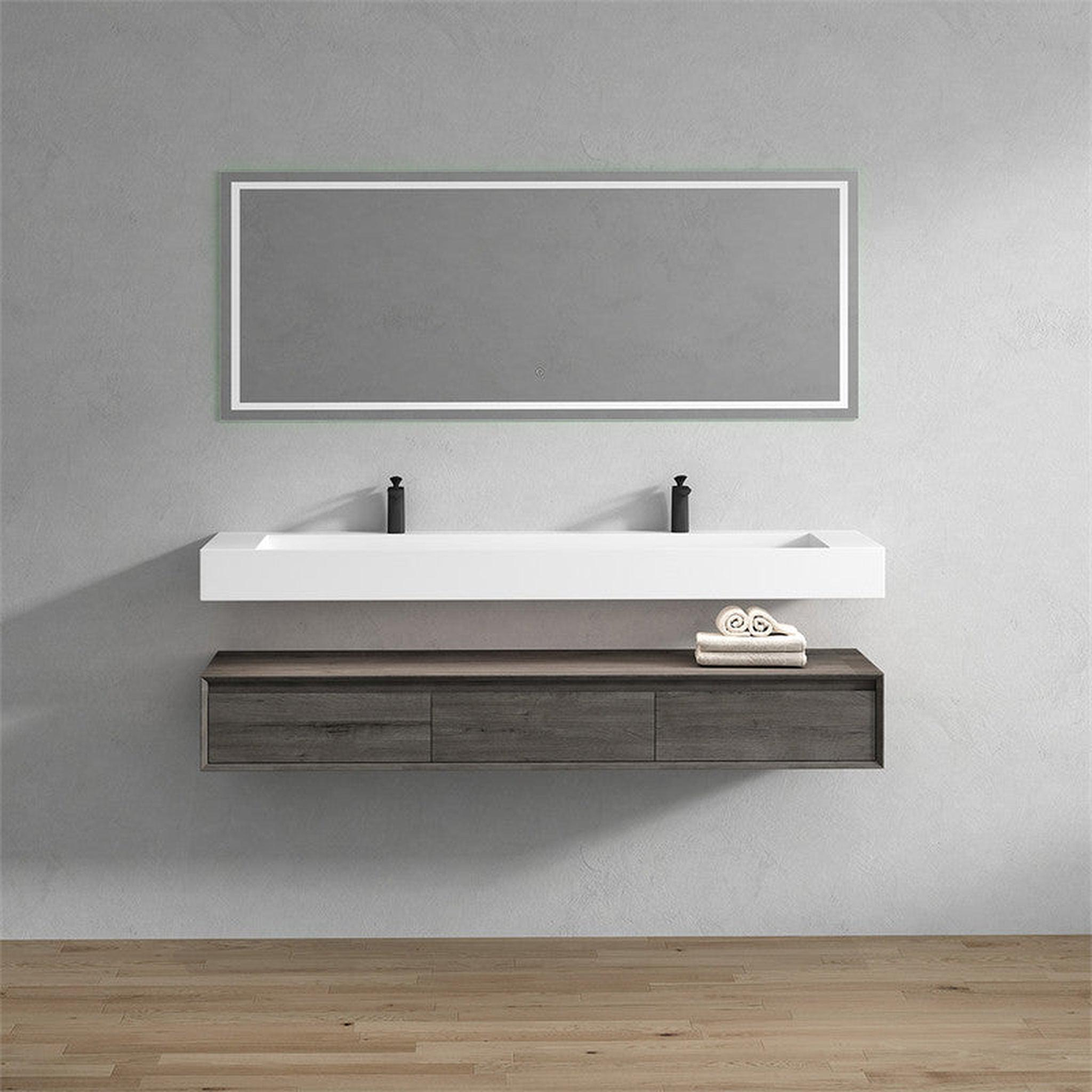 Aria 72" Smoke Oak Floating Vanity With Double Faucet Holes and Reinforced White Acrylic Sink