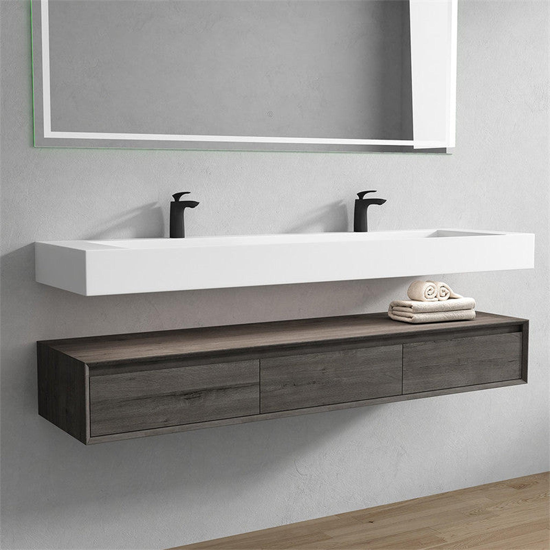 Aria 72" Smoke Oak Floating Vanity With Double Faucet Holes and Reinforced White Acrylic Sink
