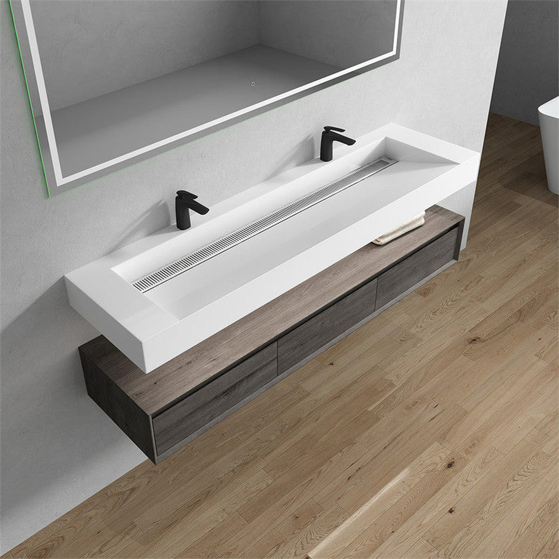 Aria 72" Smoke Oak Floating Vanity With Double Faucet Holes and Reinforced White Acrylic Sink