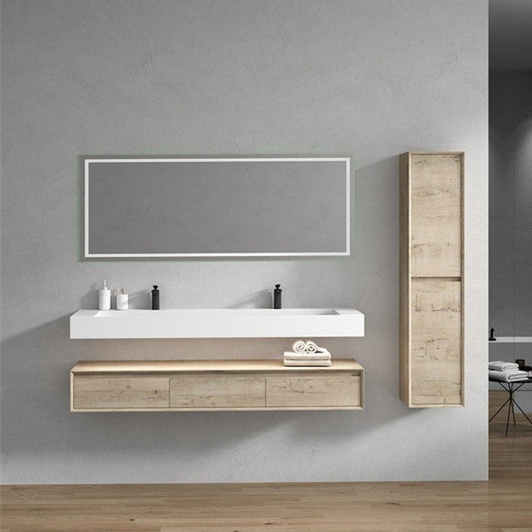 Aria 72" Light Oak Floating Vanity With Double Faucet Holes and Reinforced White Acrylic Sink