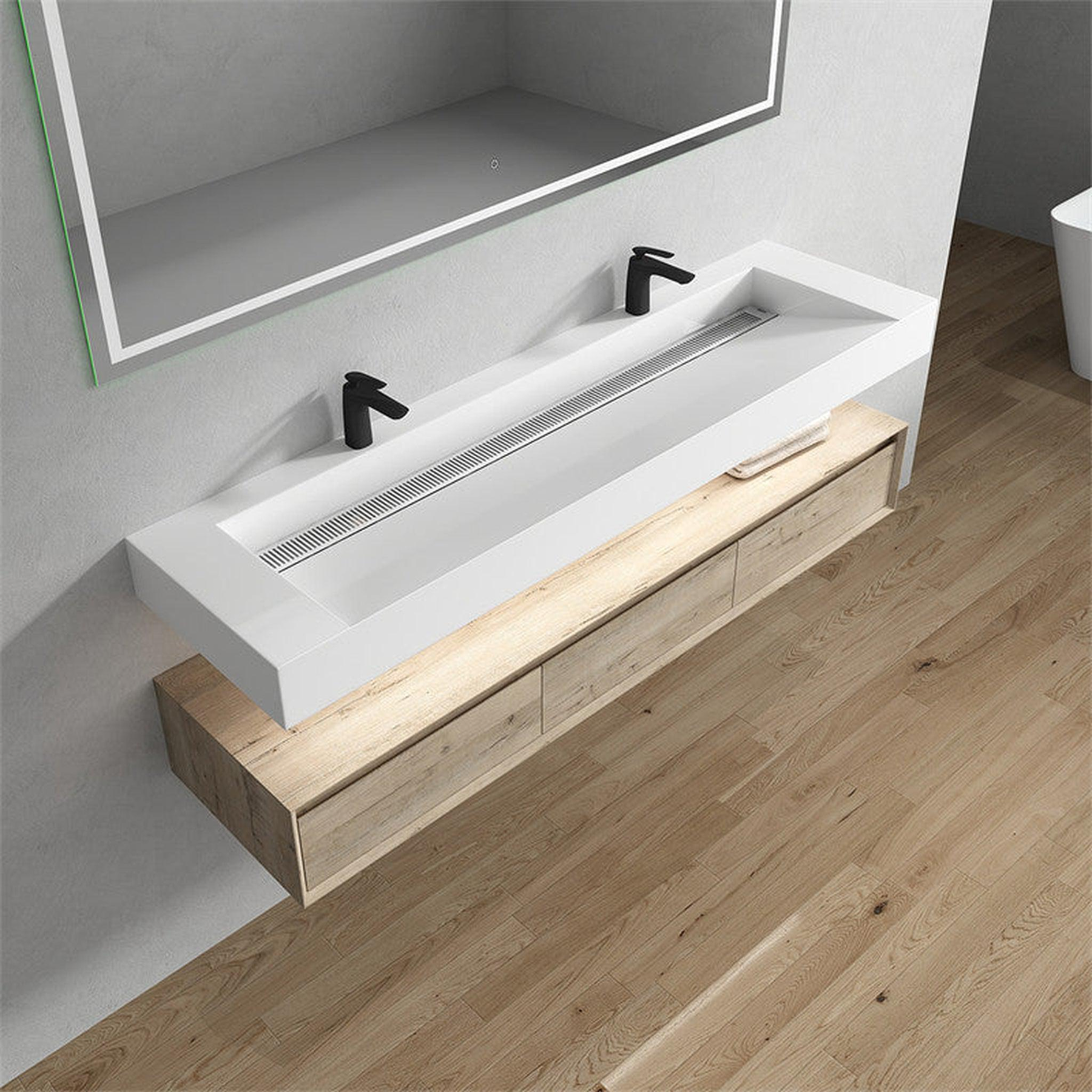 Aria 72" Light Oak Floating Vanity With Double Faucet Holes and Reinforced White Acrylic Sink