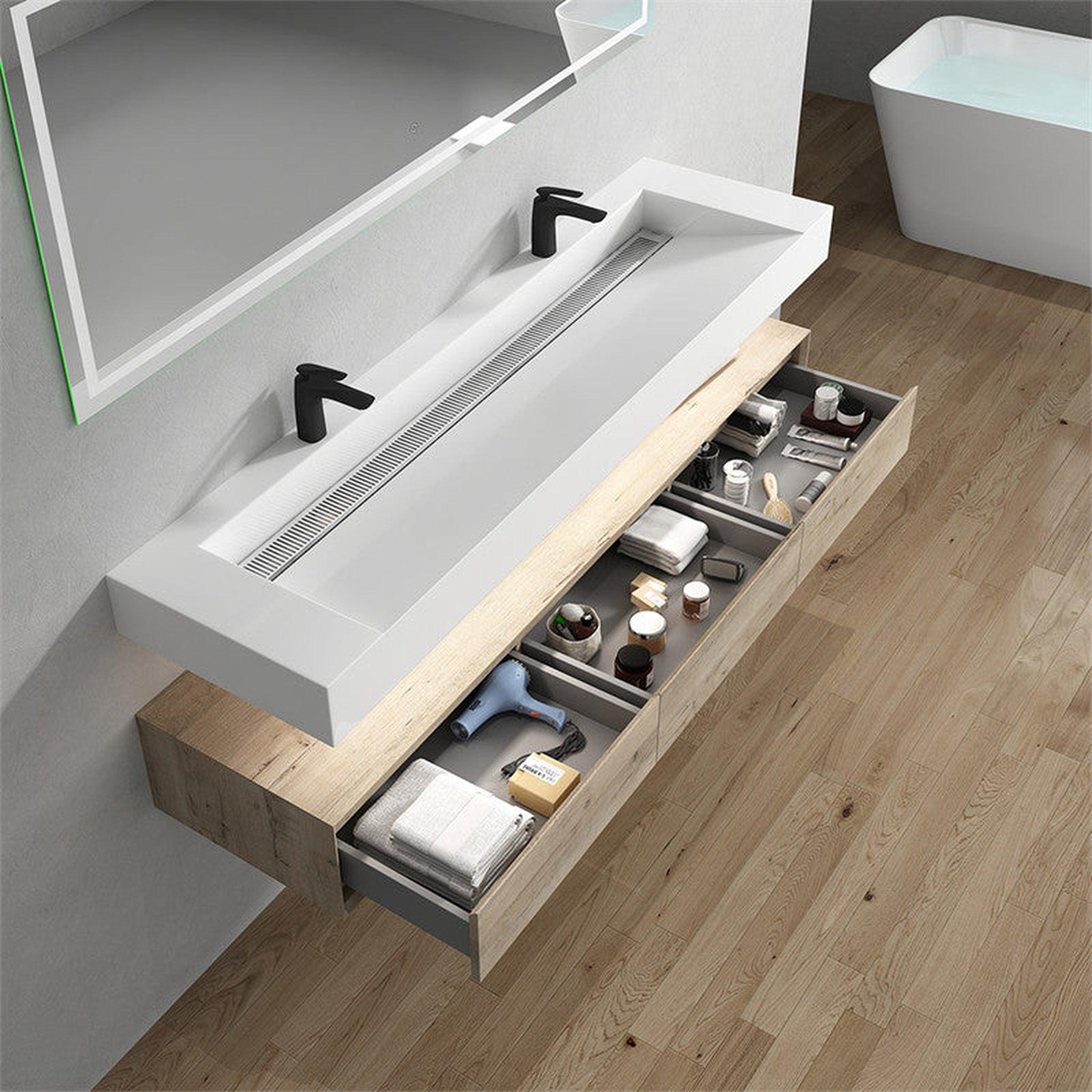 Aria 72" Light Oak Floating Vanity With Double Faucet Holes and Reinforced White Acrylic Sink