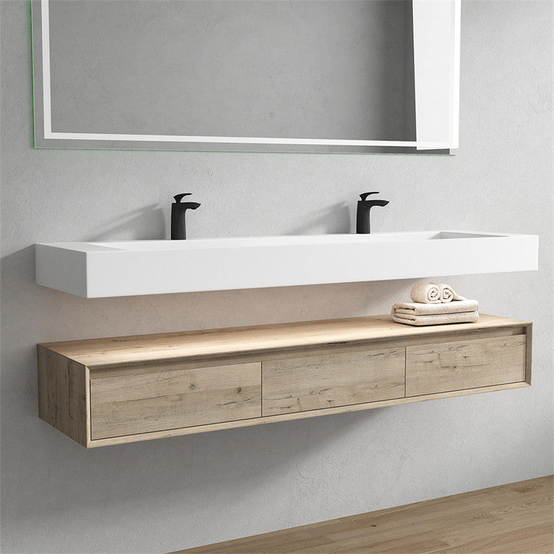 Aria 72" Light Oak Floating Vanity With Double Faucet Holes and Reinforced White Acrylic Sink