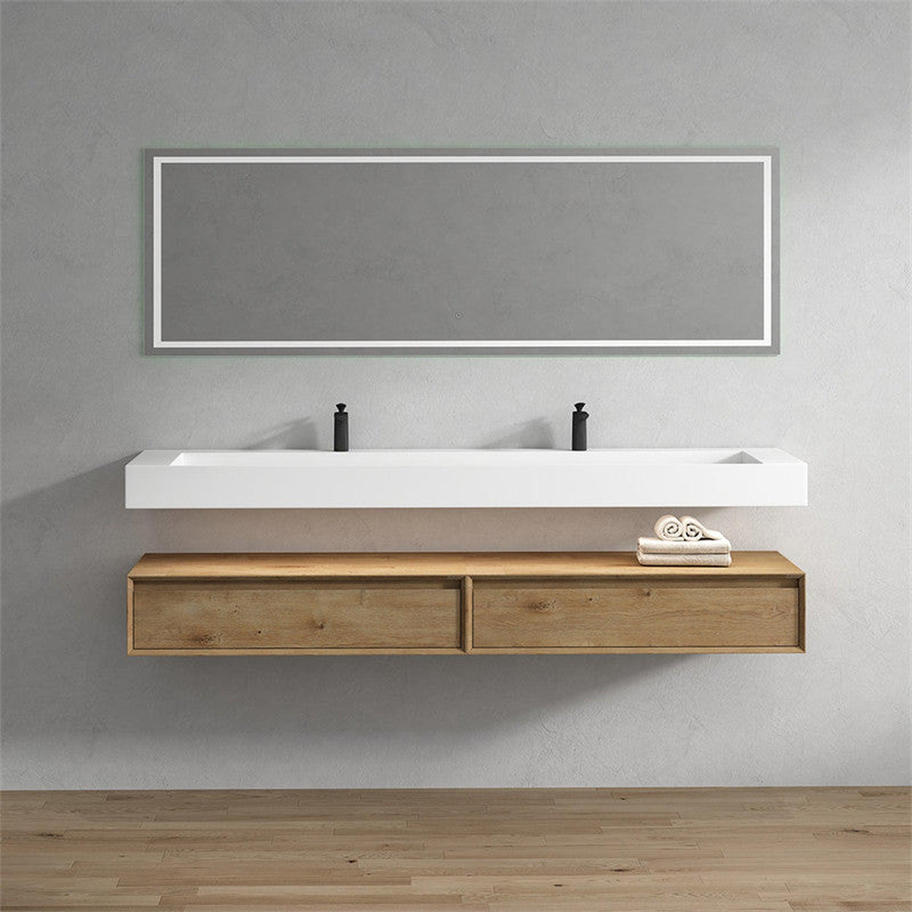Aria 84" White Oak Floating Vanity With Double Faucet Holes and Reinforced White Acrylic Sink
