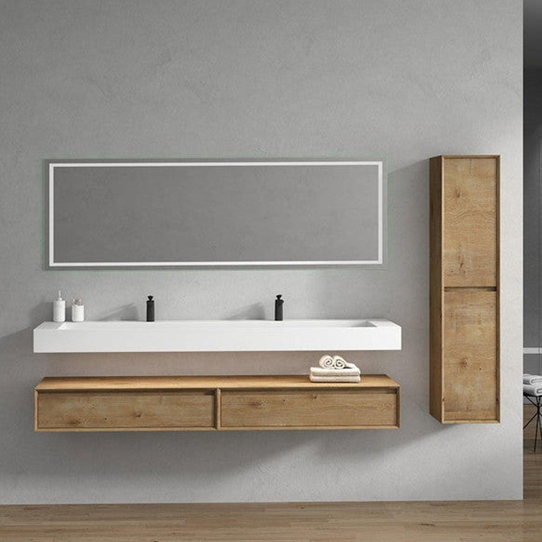 Aria 84" White Oak Floating Vanity With Double Faucet Holes and Reinforced White Acrylic Sink