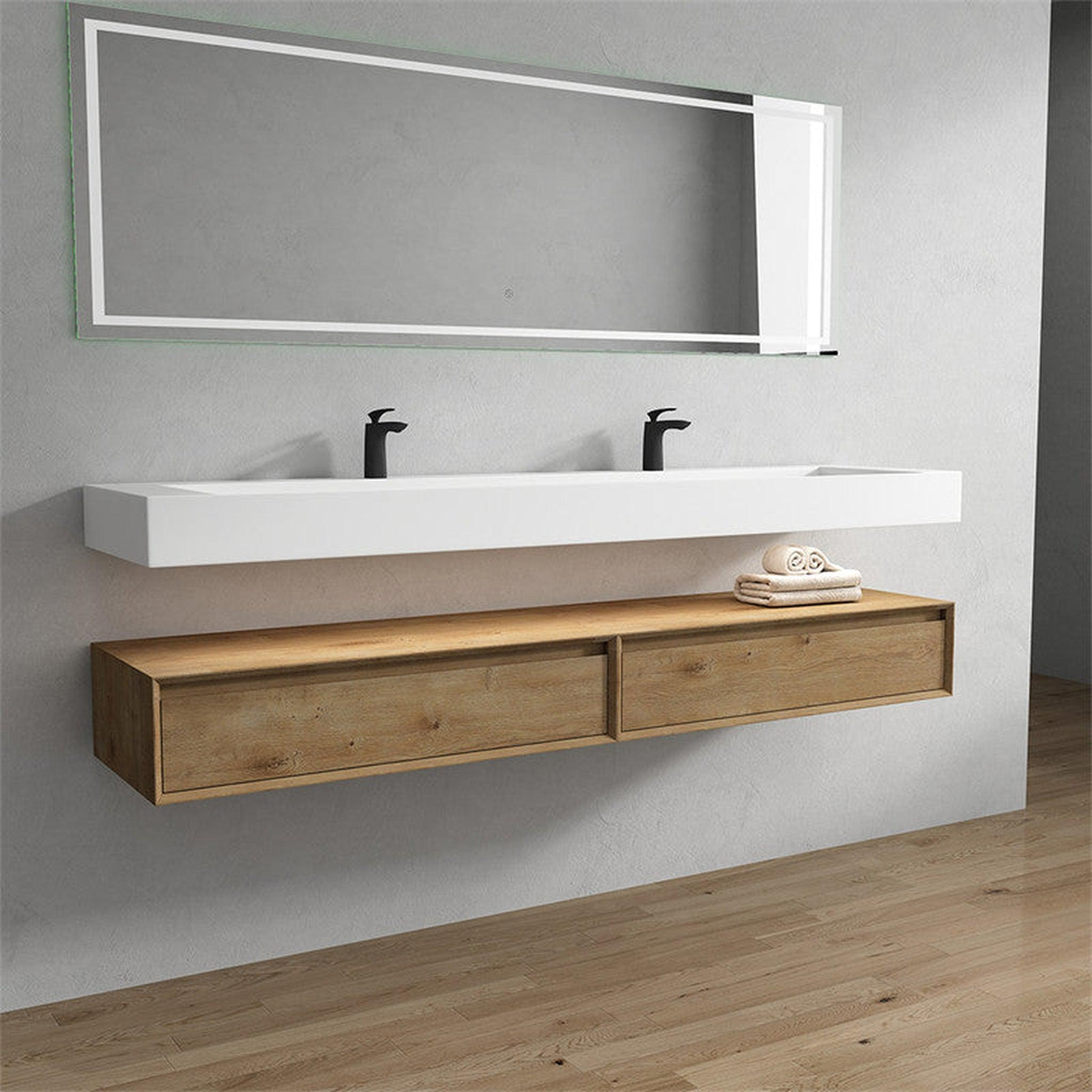 Aria 84" White Oak Floating Vanity With Double Faucet Holes and Reinforced White Acrylic Sink