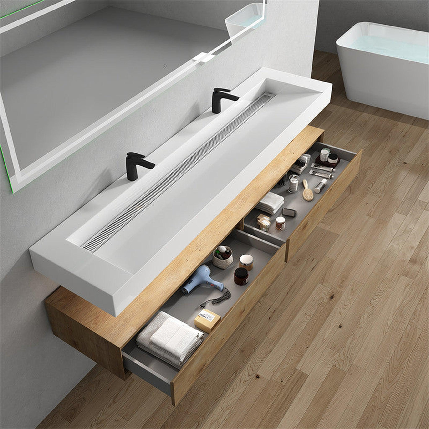 Aria 84" White Oak Floating Vanity With Double Faucet Holes and Reinforced White Acrylic Sink