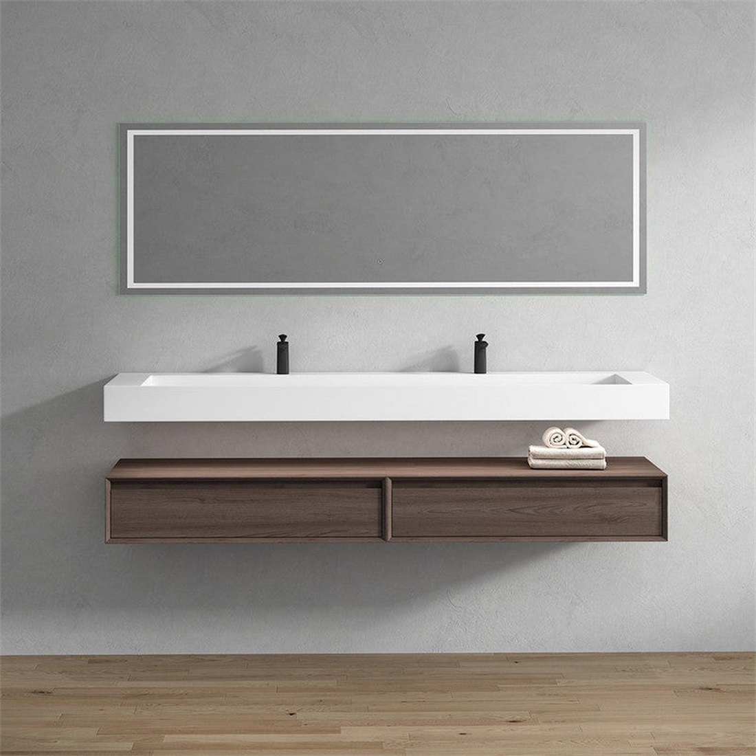 Aria 84" Red Oak Floating Vanity With Double Faucet Holes and Reinforced White Acrylic Sink
