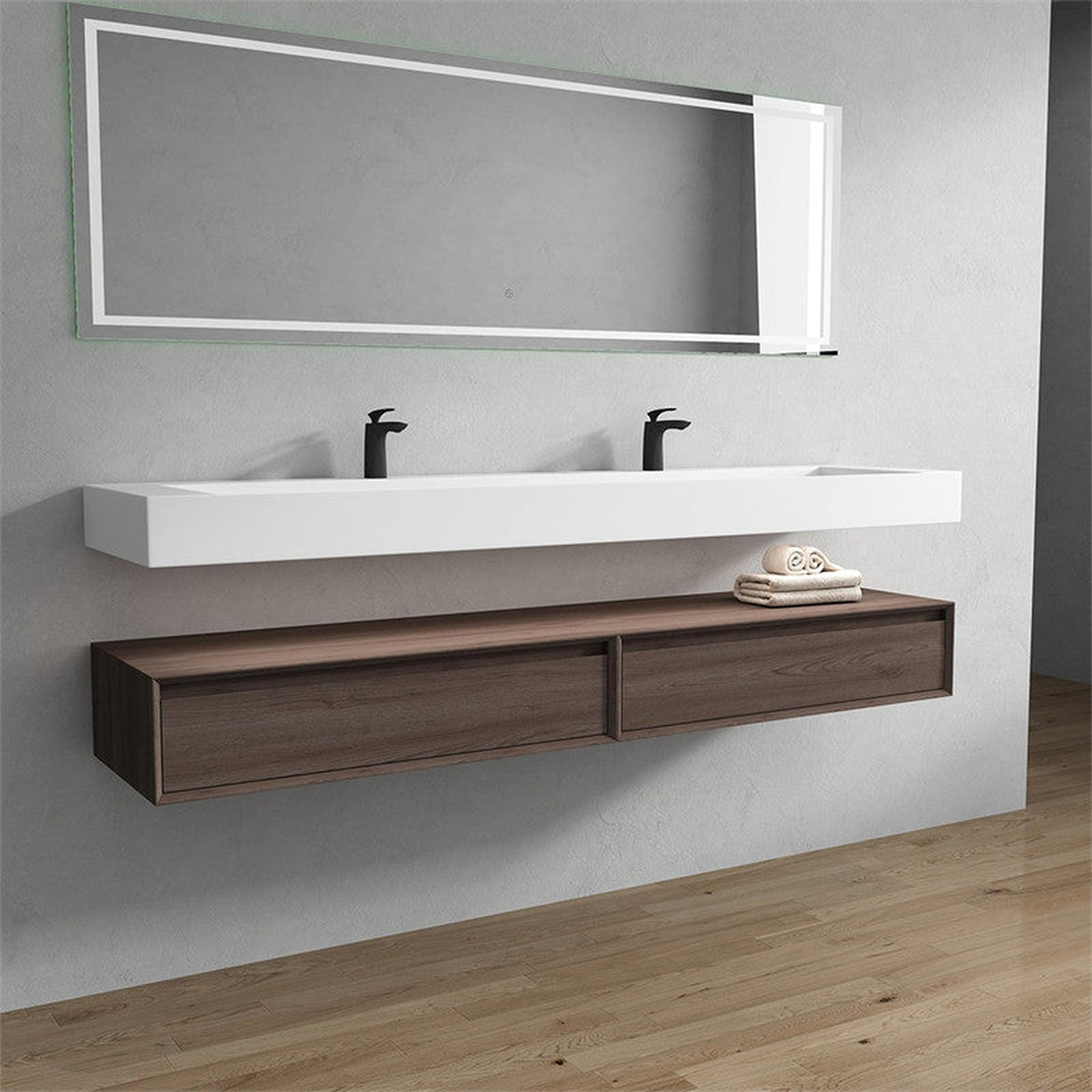 Aria 84" Red Oak Floating Vanity With Double Faucet Holes and Reinforced White Acrylic Sink