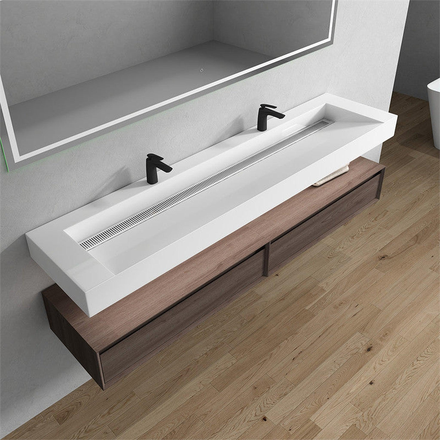 Aria 84" Red Oak Floating Vanity With Double Faucet Holes and Reinforced White Acrylic Sink